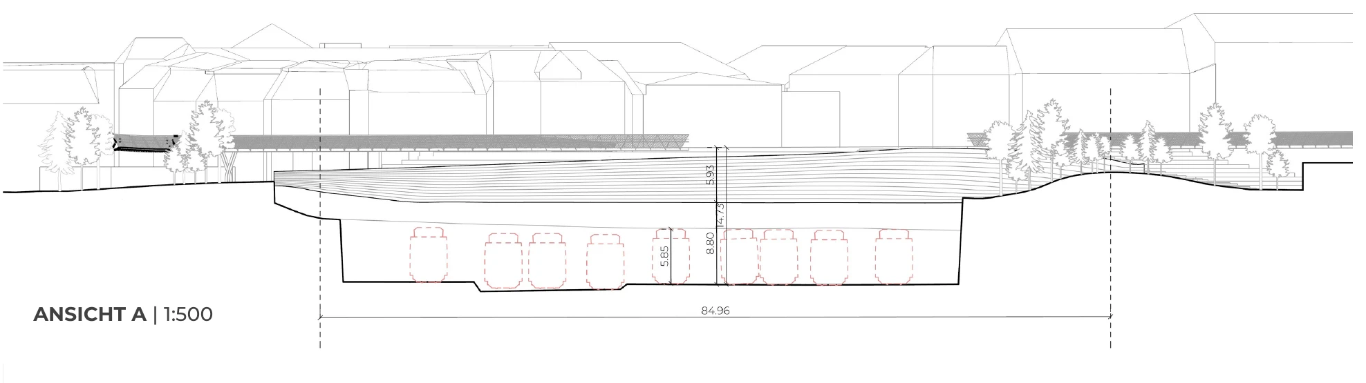 Presentation board 2 · main garden-bridge elevation and rail-clearance envelope.