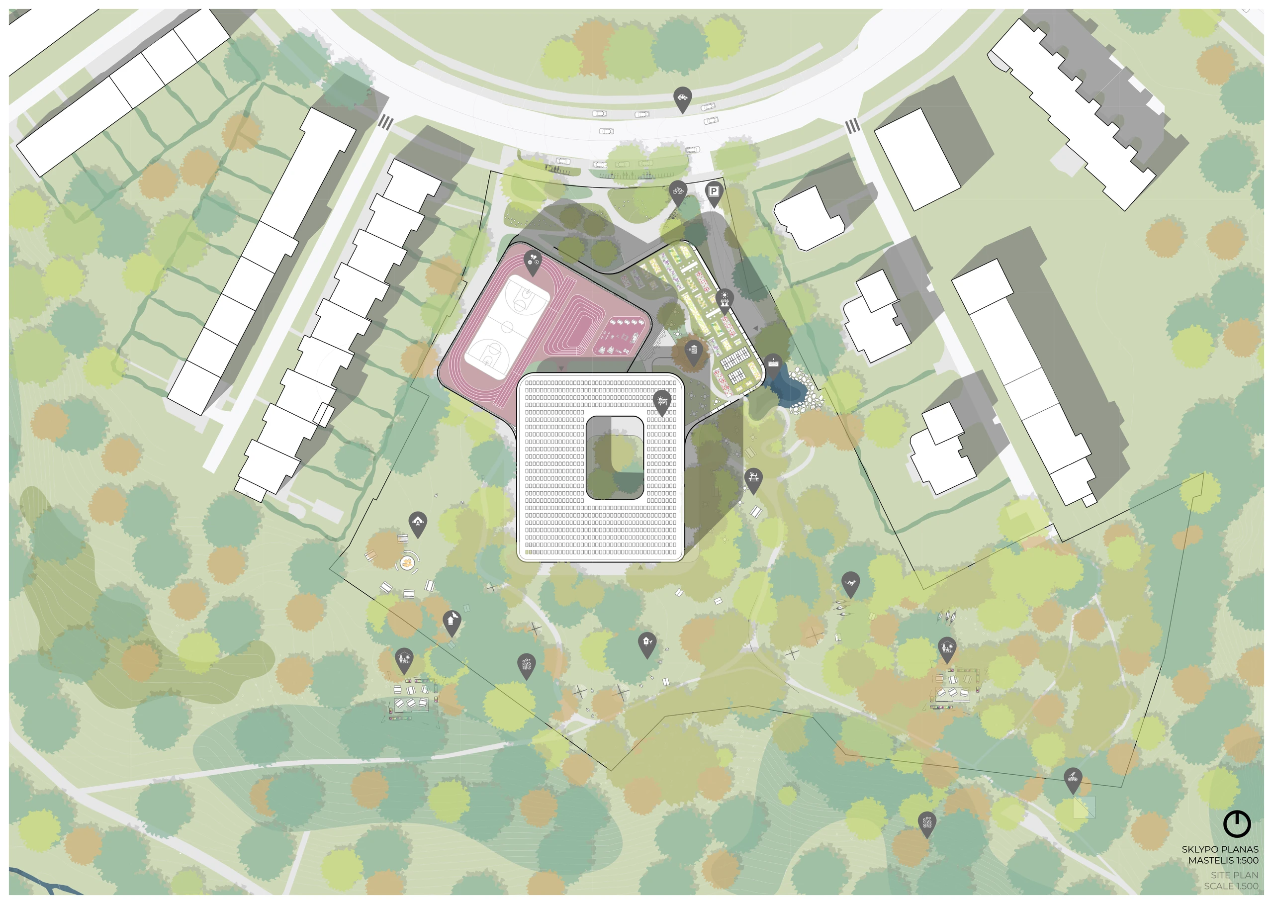 Complete source-composed Forest Nexus site plan with landscape activities, routes and orientation key