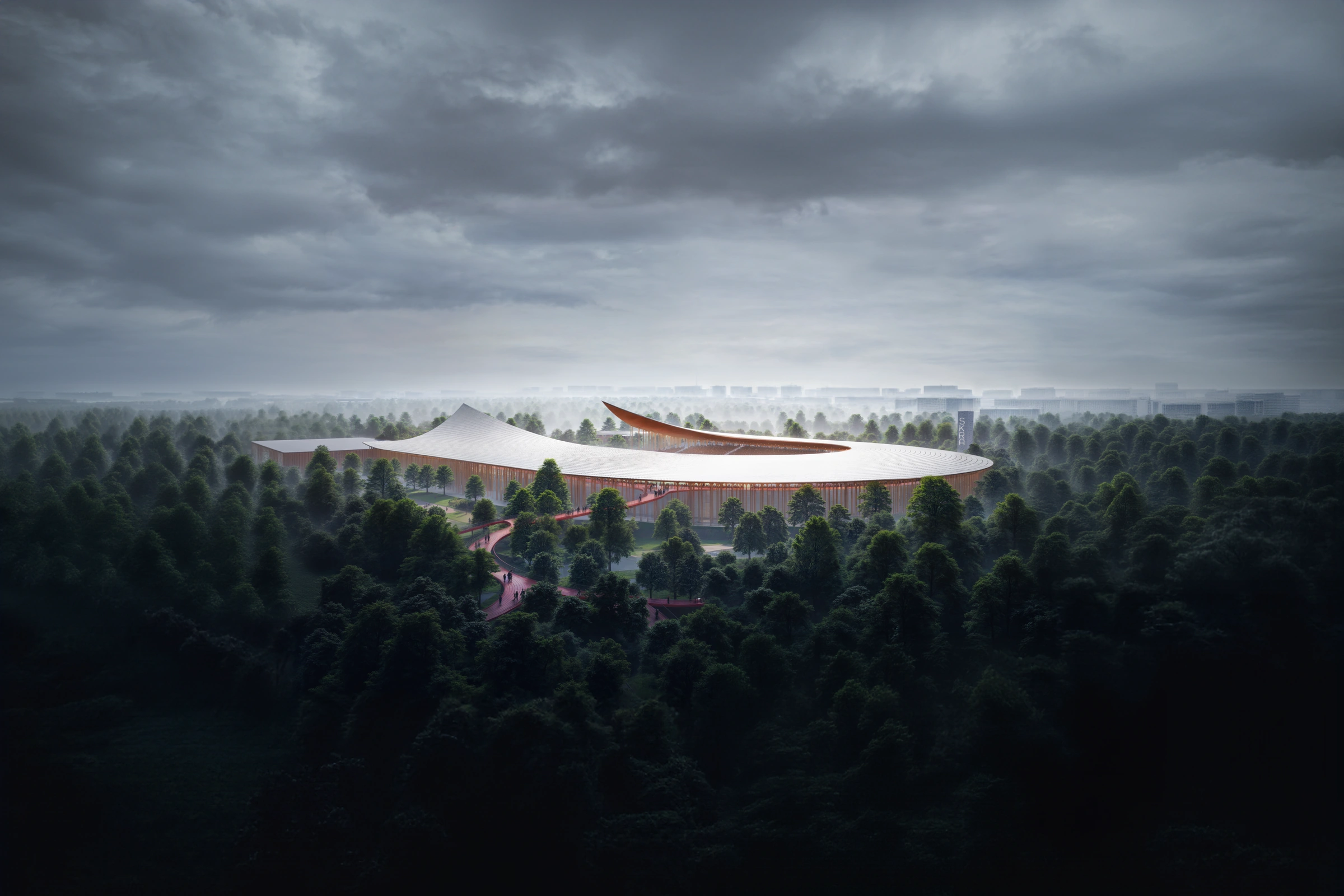 Proposed SKRA athletics stadium among park trees in Warsaw