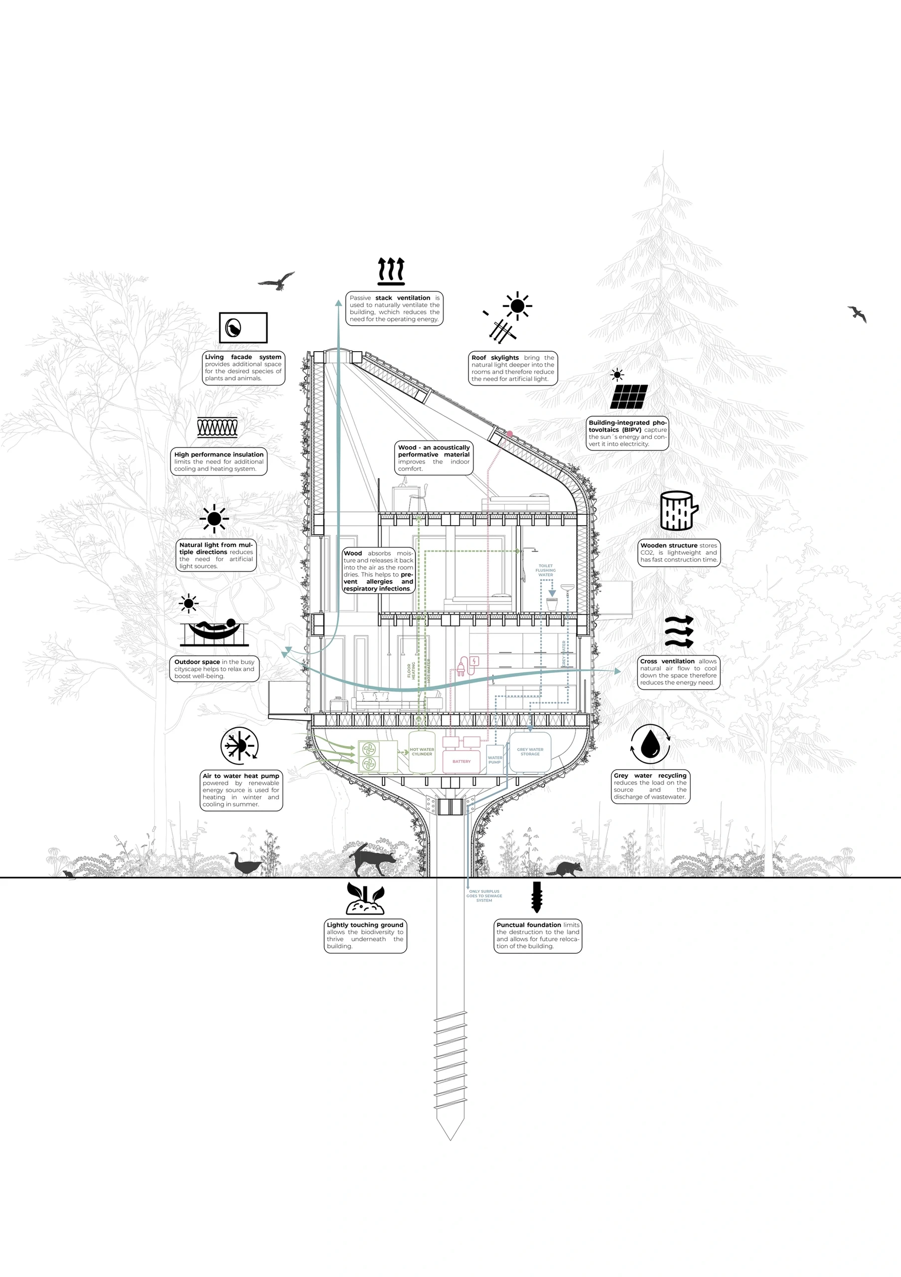 Environmental section: daylight, ventilation, timber structure and proposed building services.