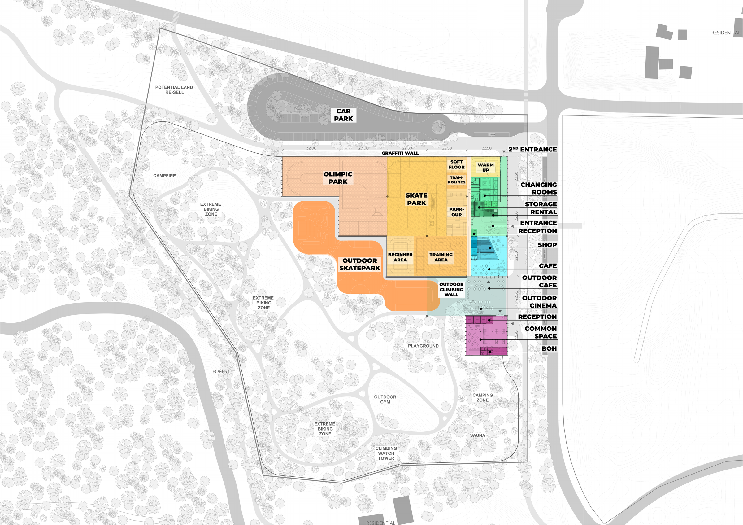 Complete annotated ground-floor program diagram with original sport and service labels