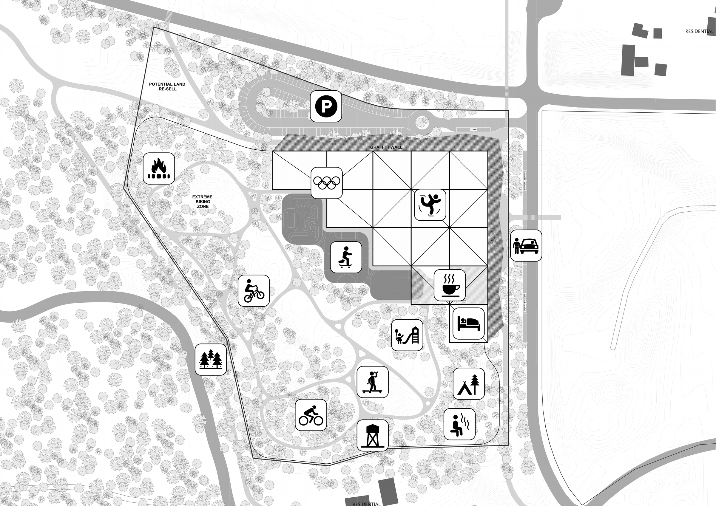 Complete source map locating proposed sports, recreation and social activities