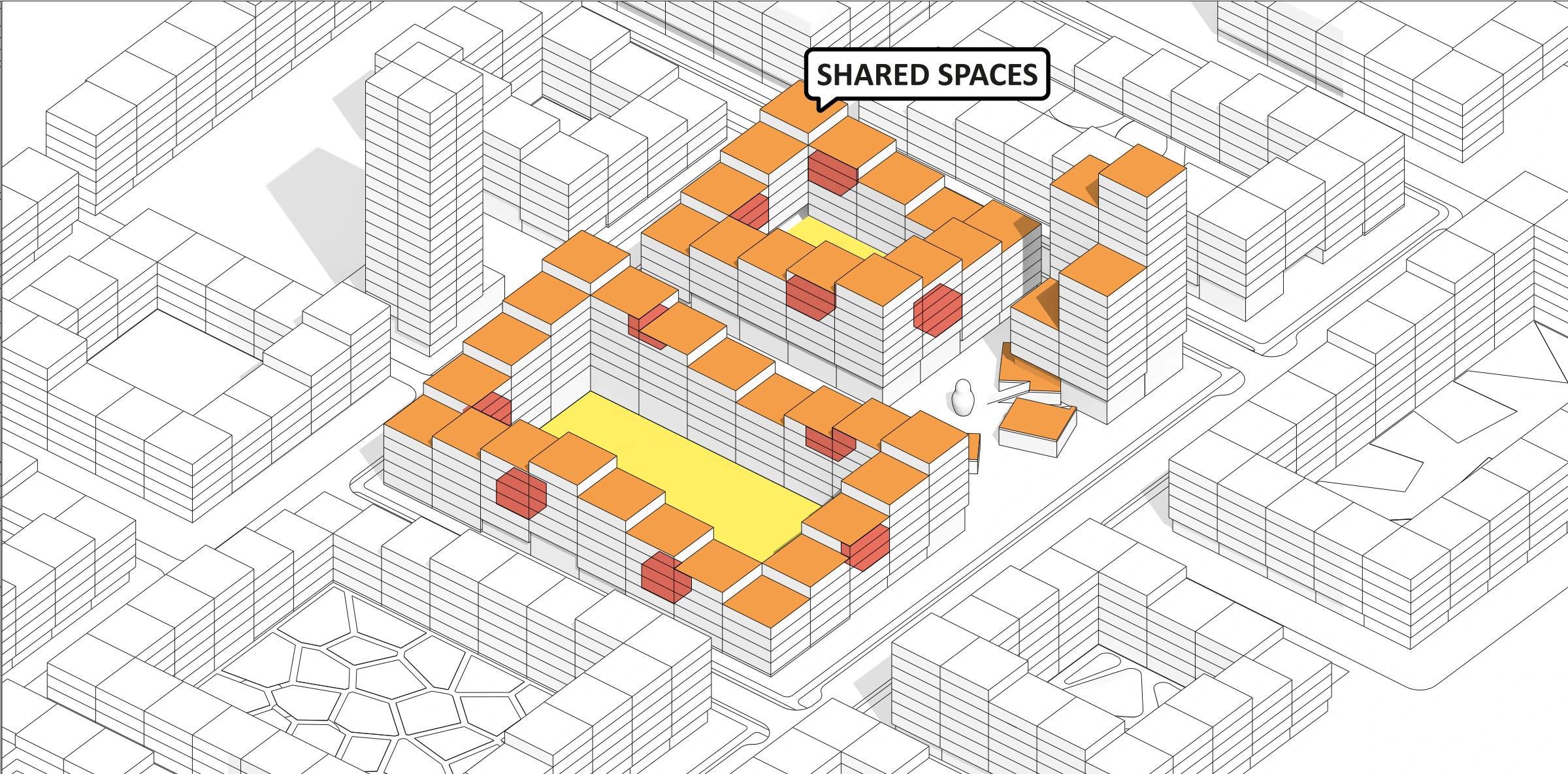 Axonometric diagram locating communal spaces across the Superframe residential block