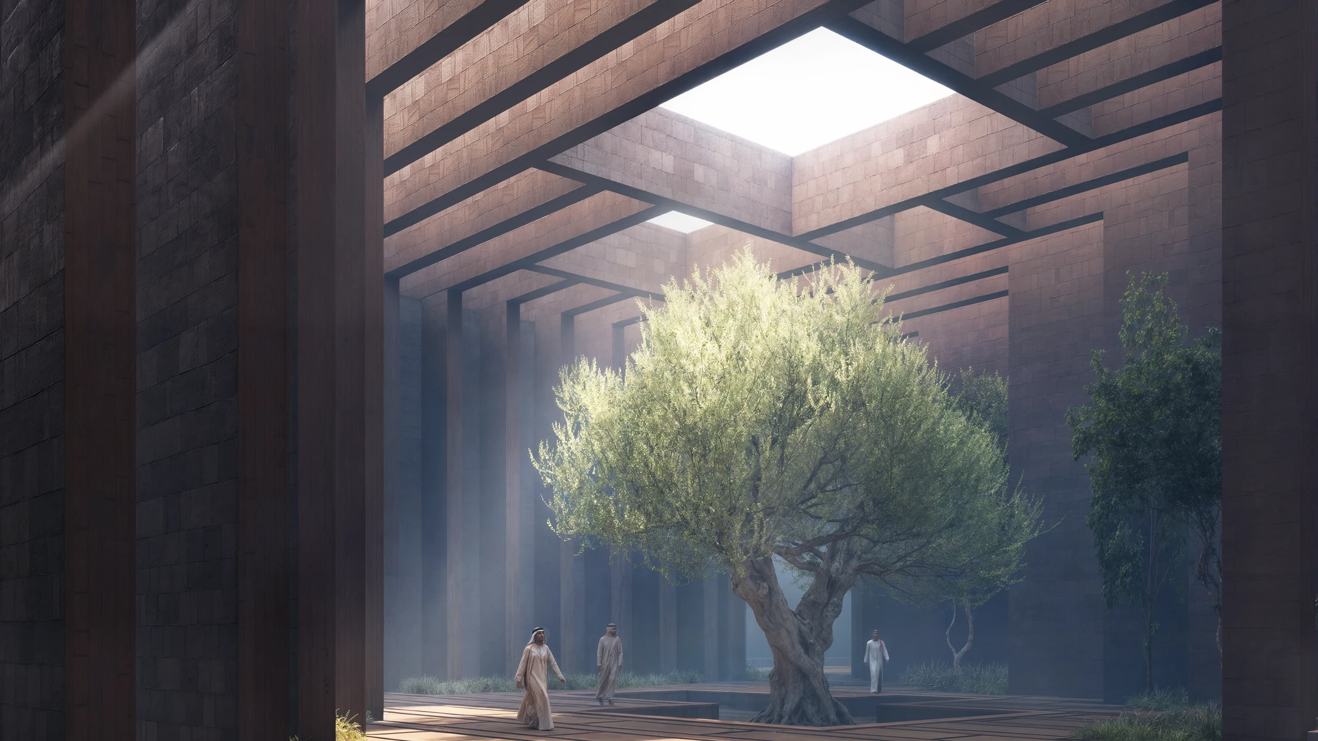 Latest render of AWFA community garden showing a large tree, shaded seating and layered architectural edges