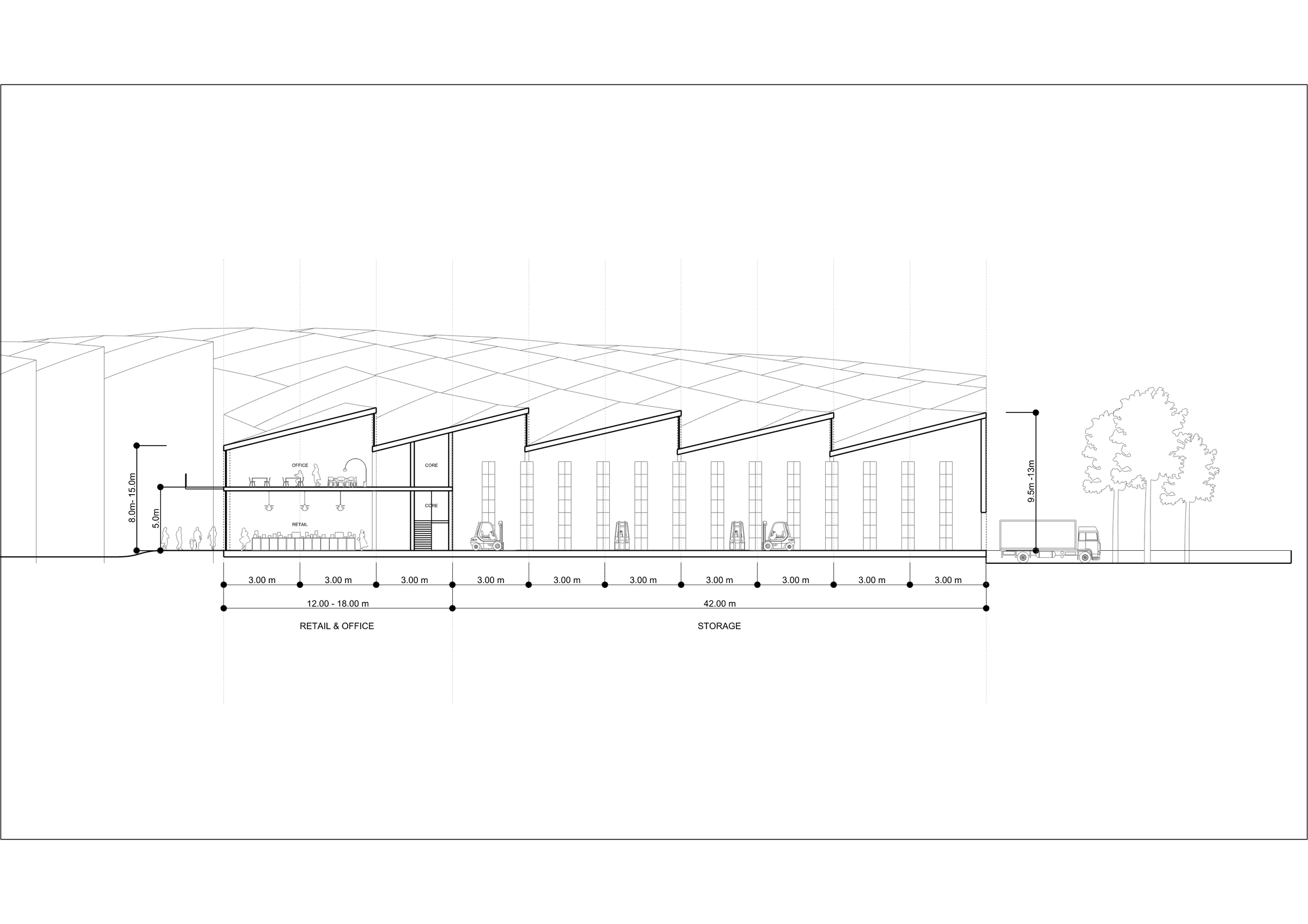 Complete source typical section showing retail and offices beside deeper storage under repeated pitched roofs