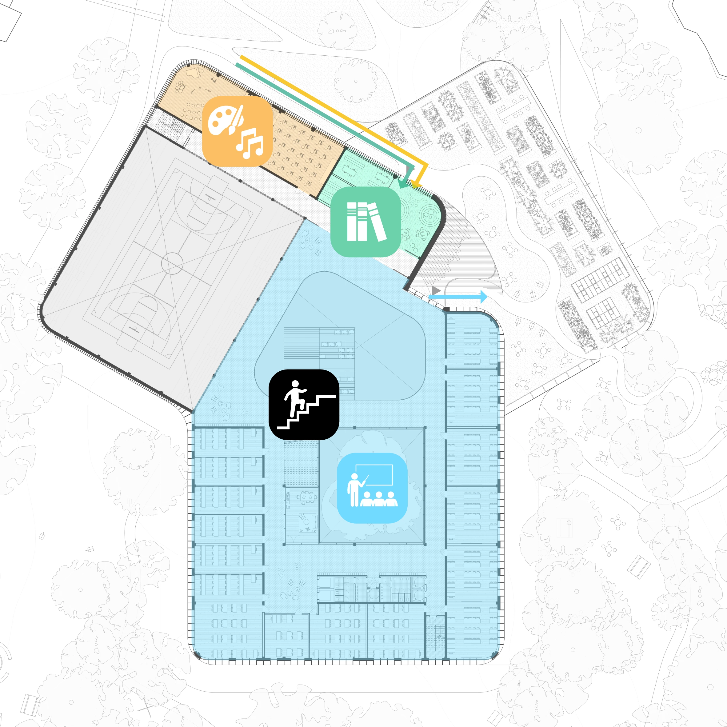 Complete floor 01 access and programme diagram for the Forest Nexus, retaining coloured routes and activity symbols
