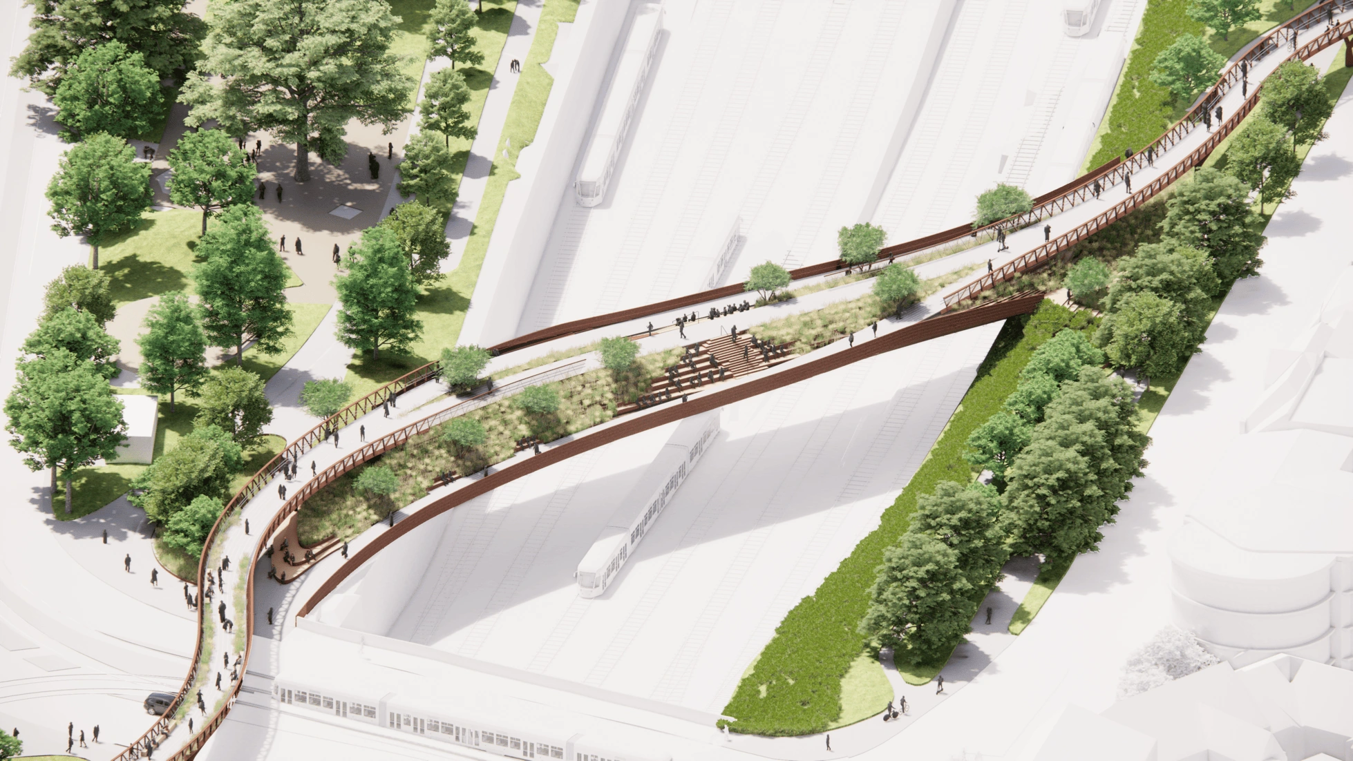 Axonometric study of the planted central crossing and its urban edges.