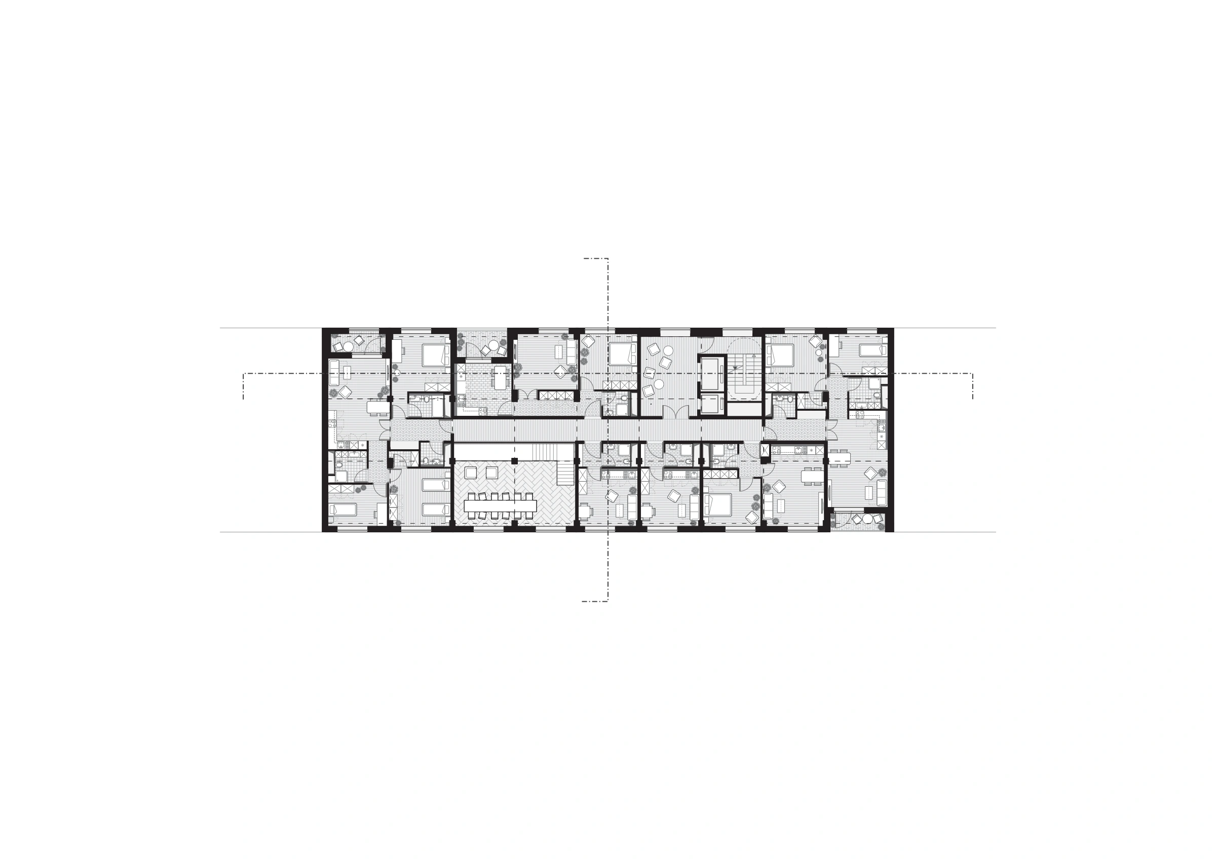Complete typical floor plan showing apartments around the internal access core