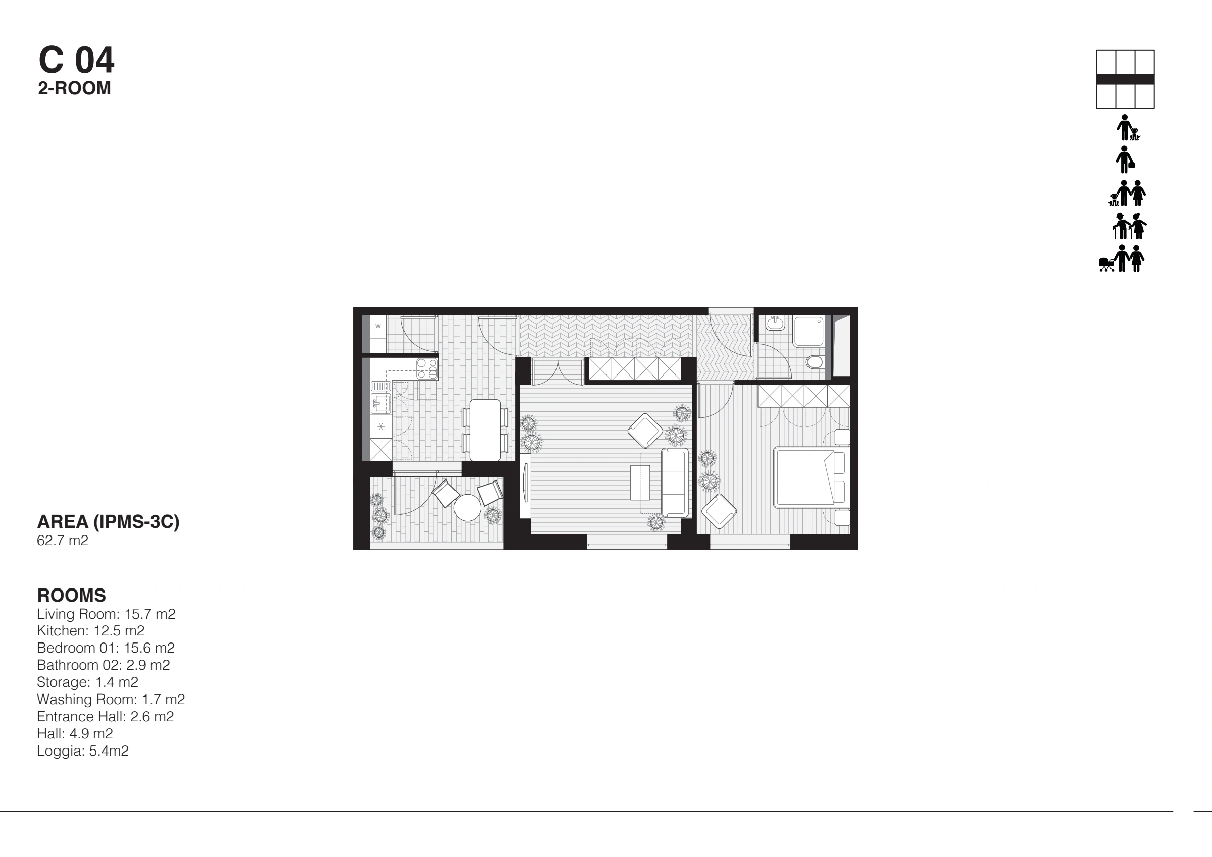 Complete C04 two-room apartment drawing