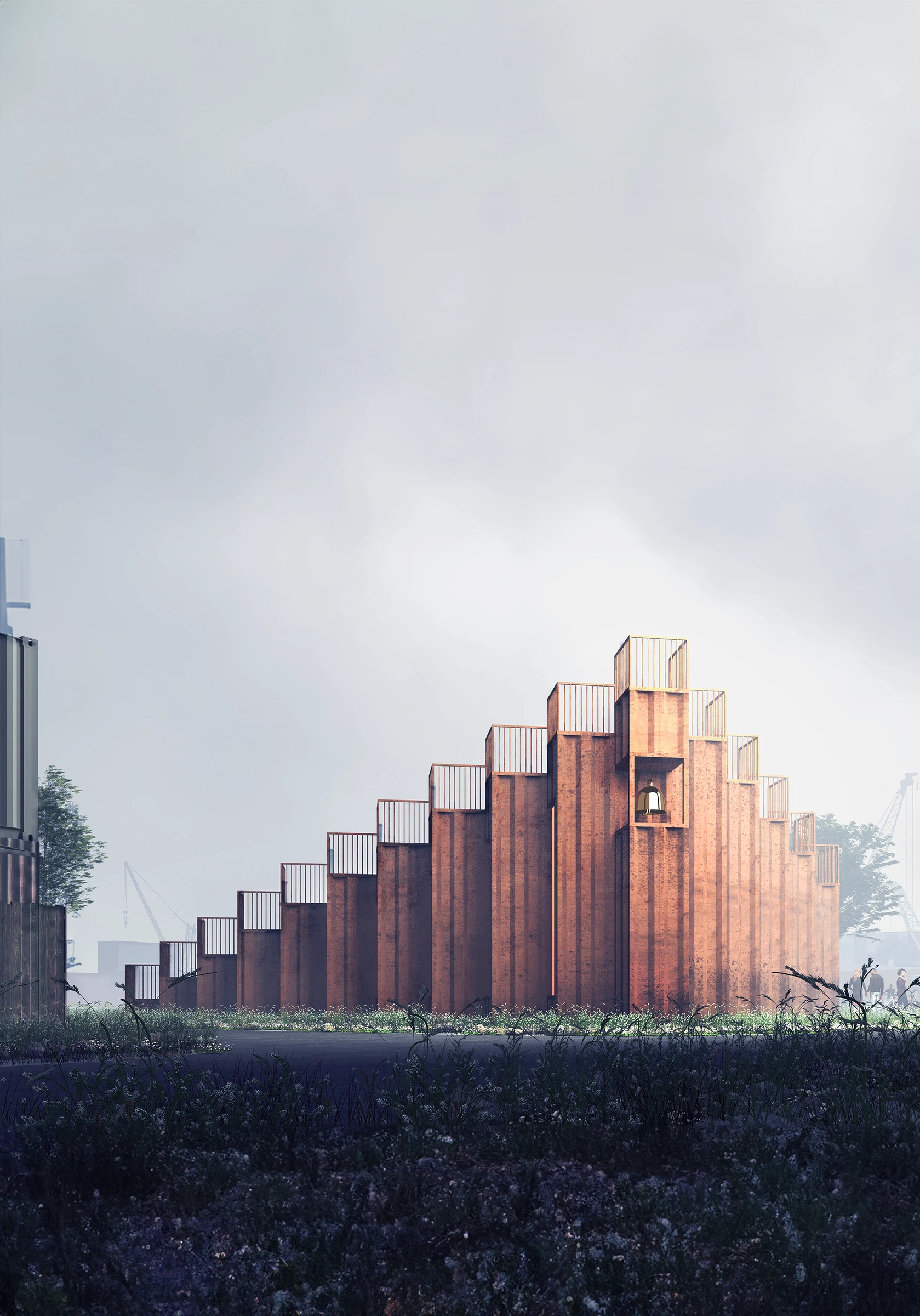 Nord Chapel concept with stepped steel facade and bell opening in Copenhagen’s Nordhavn