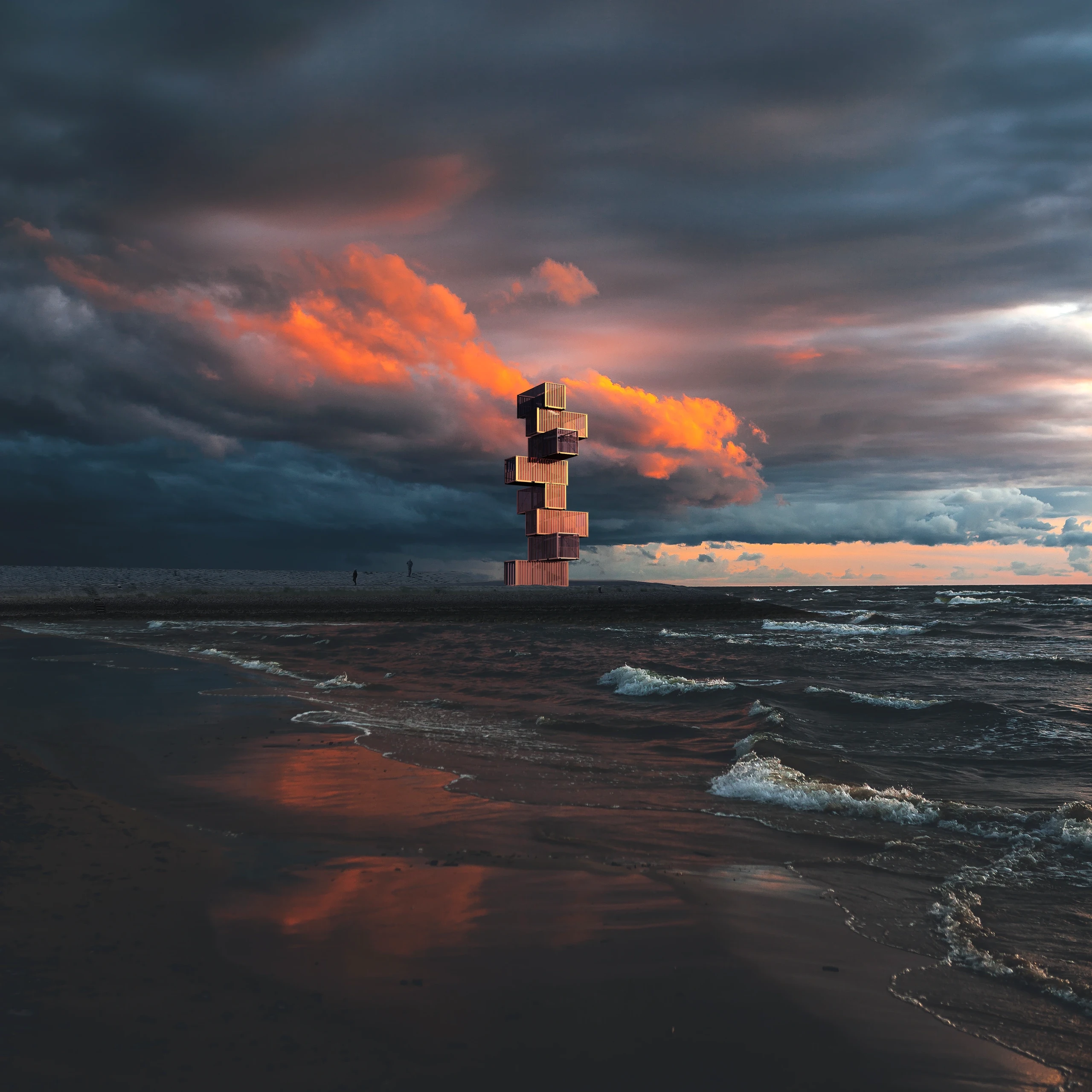 Container Tower proposal beside the Westerschelde, beneath a dramatic orange and charcoal sky