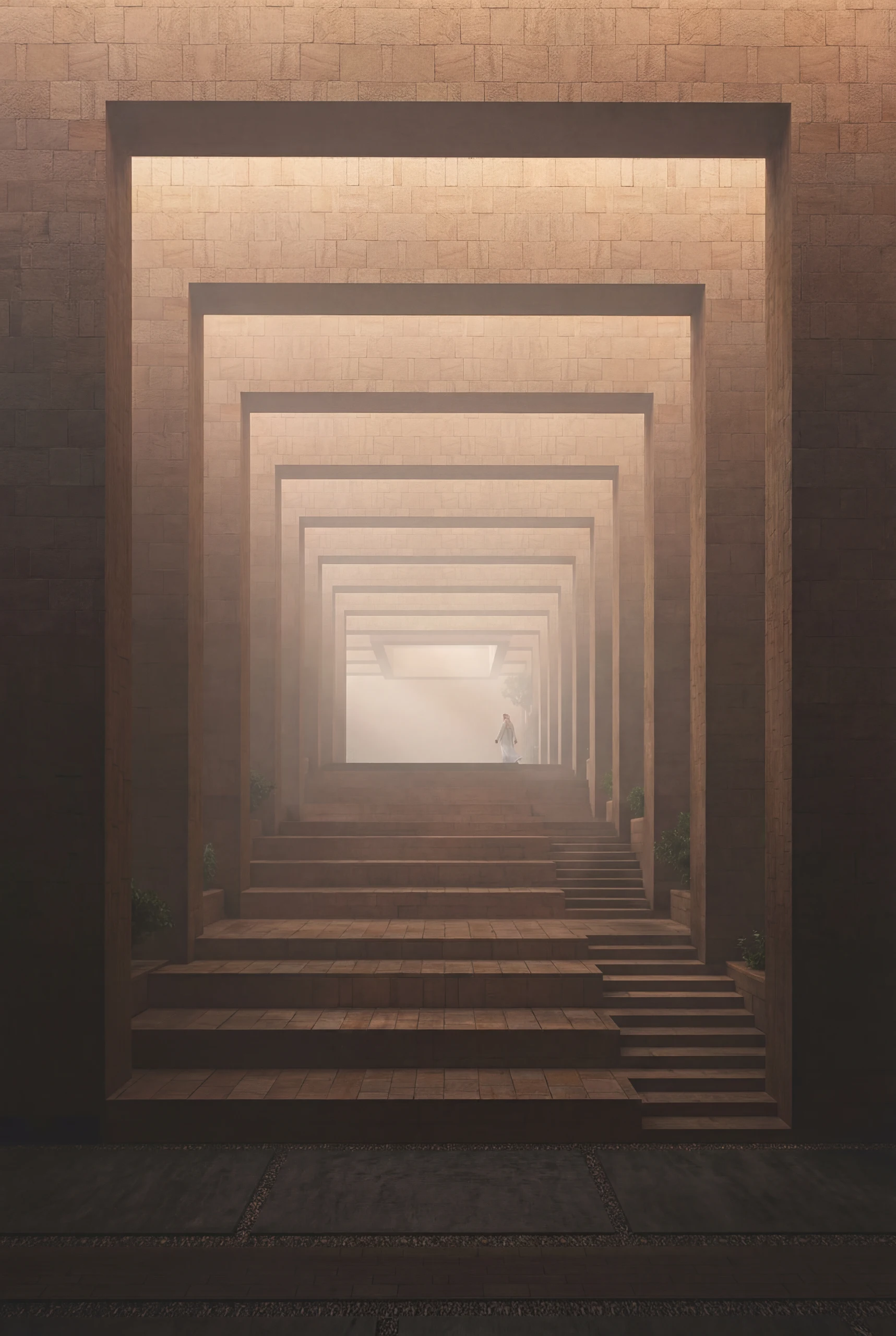 Latest render showing the broad community stair opening towards the planted courtyard