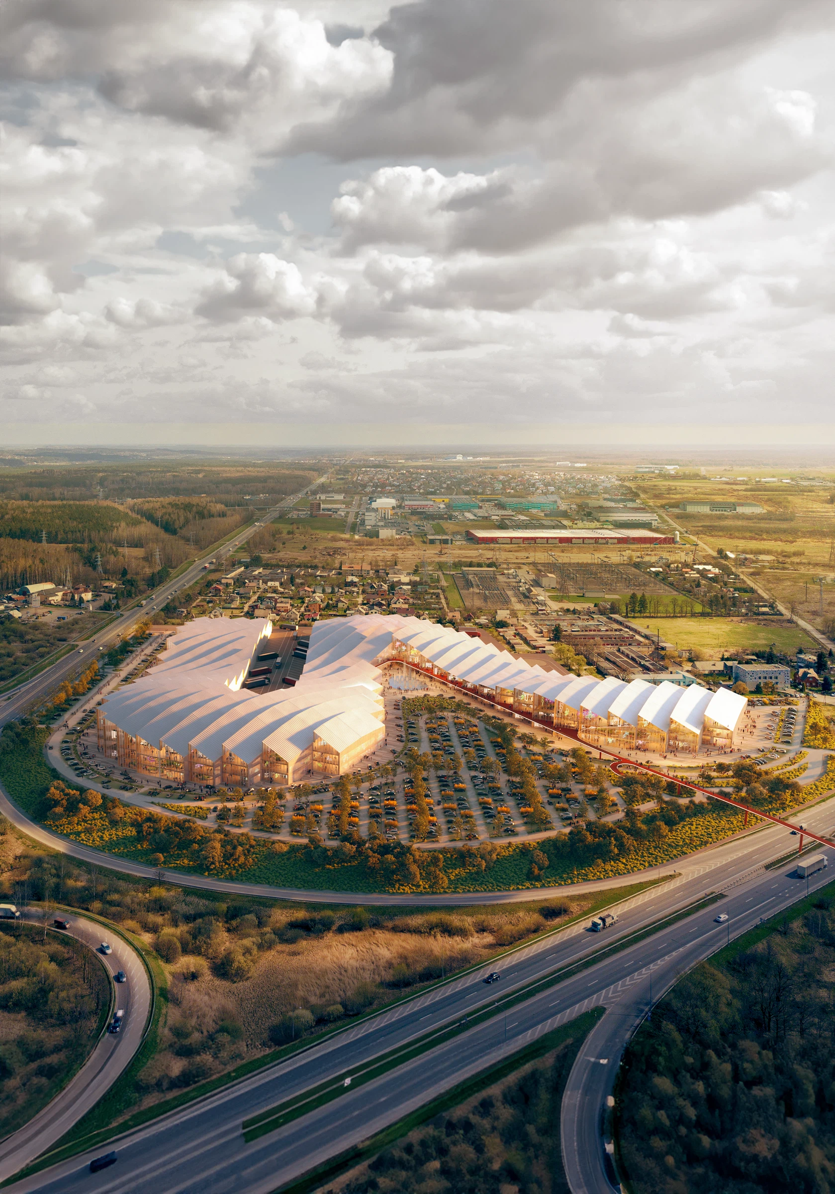 Aerial concept of The Serpent commercial hub in Kaunas, with a curving roofline and public landscape