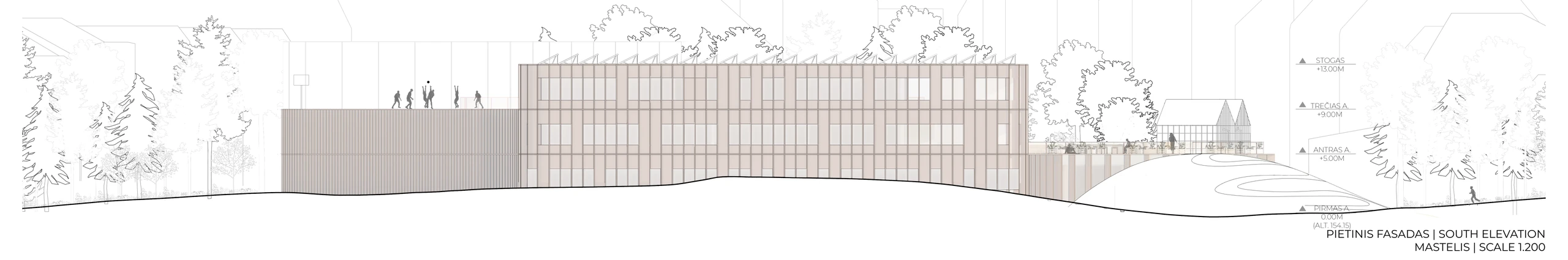South elevation of the proposed Forest Nexus school, retaining source levels and annotations