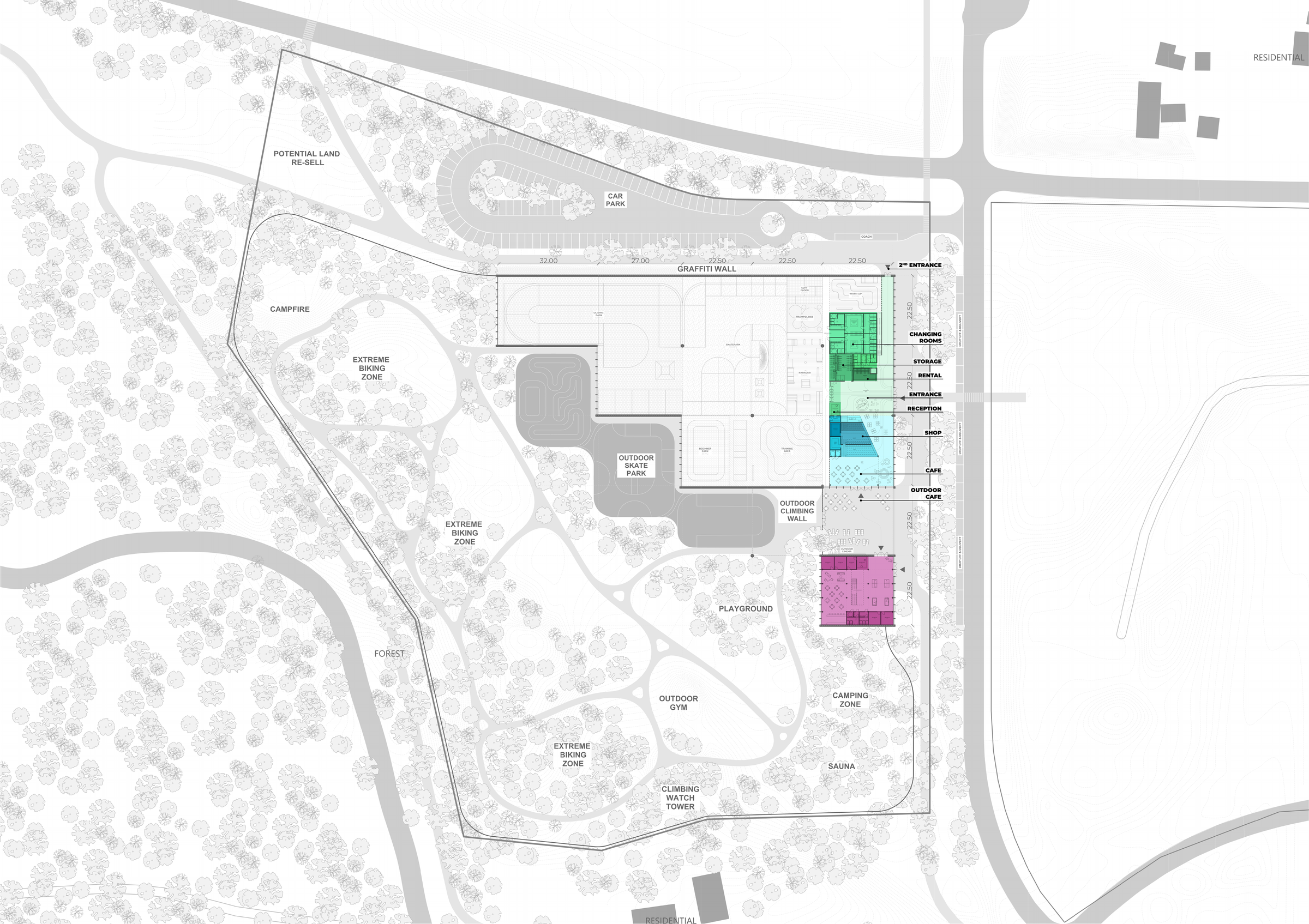 Complete source diagram of reception, cafe, rental, changing and entrance support spaces