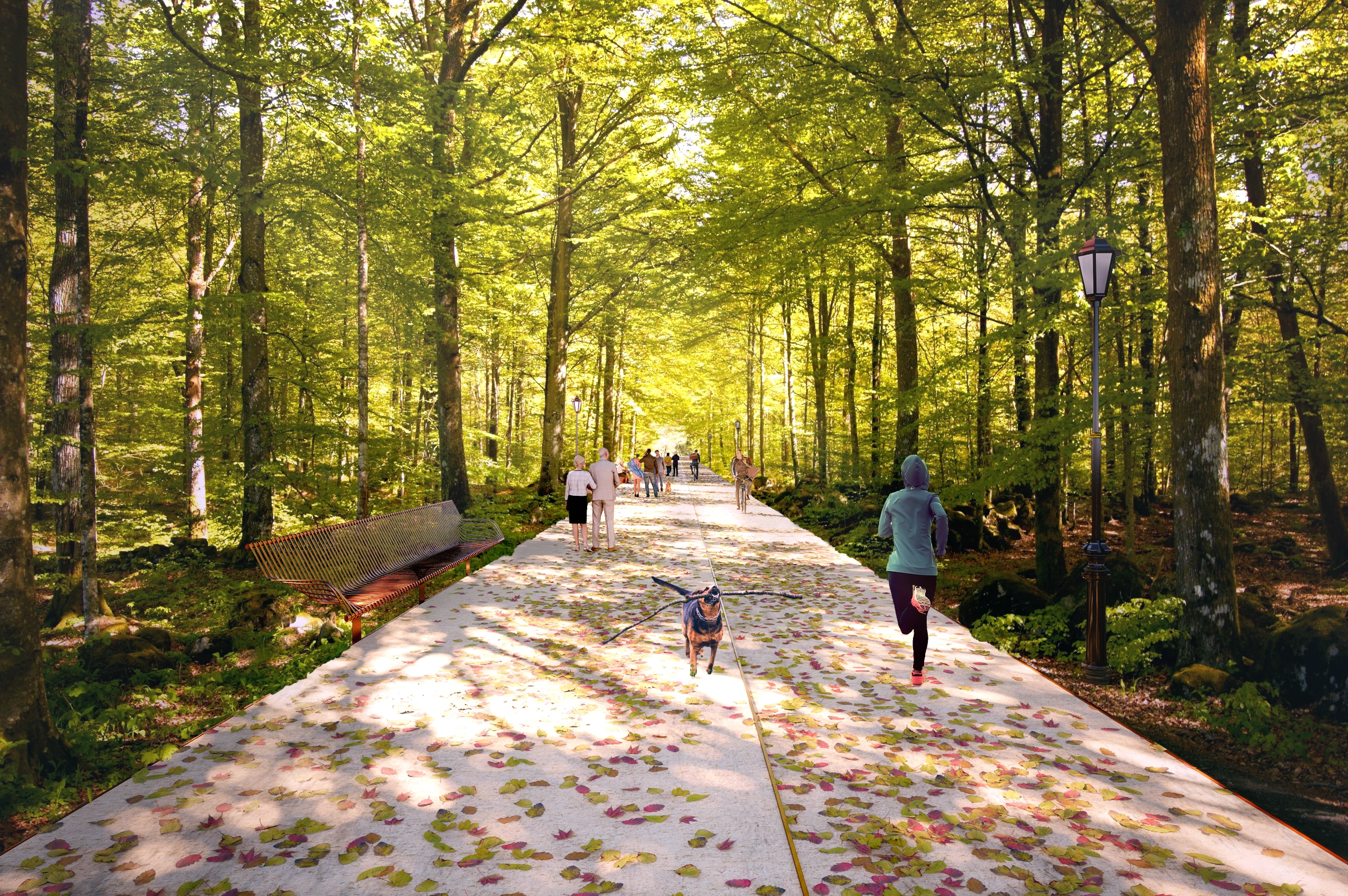 People walking and running along the proposed tree-lined pedestrian axis