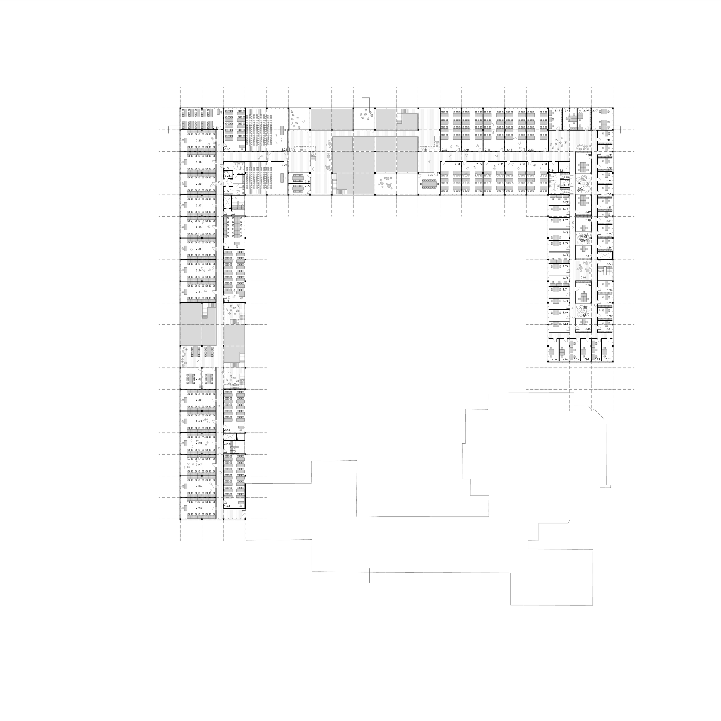 Complete second-floor plan showing teaching, staff and shared spaces within the modular perimeter