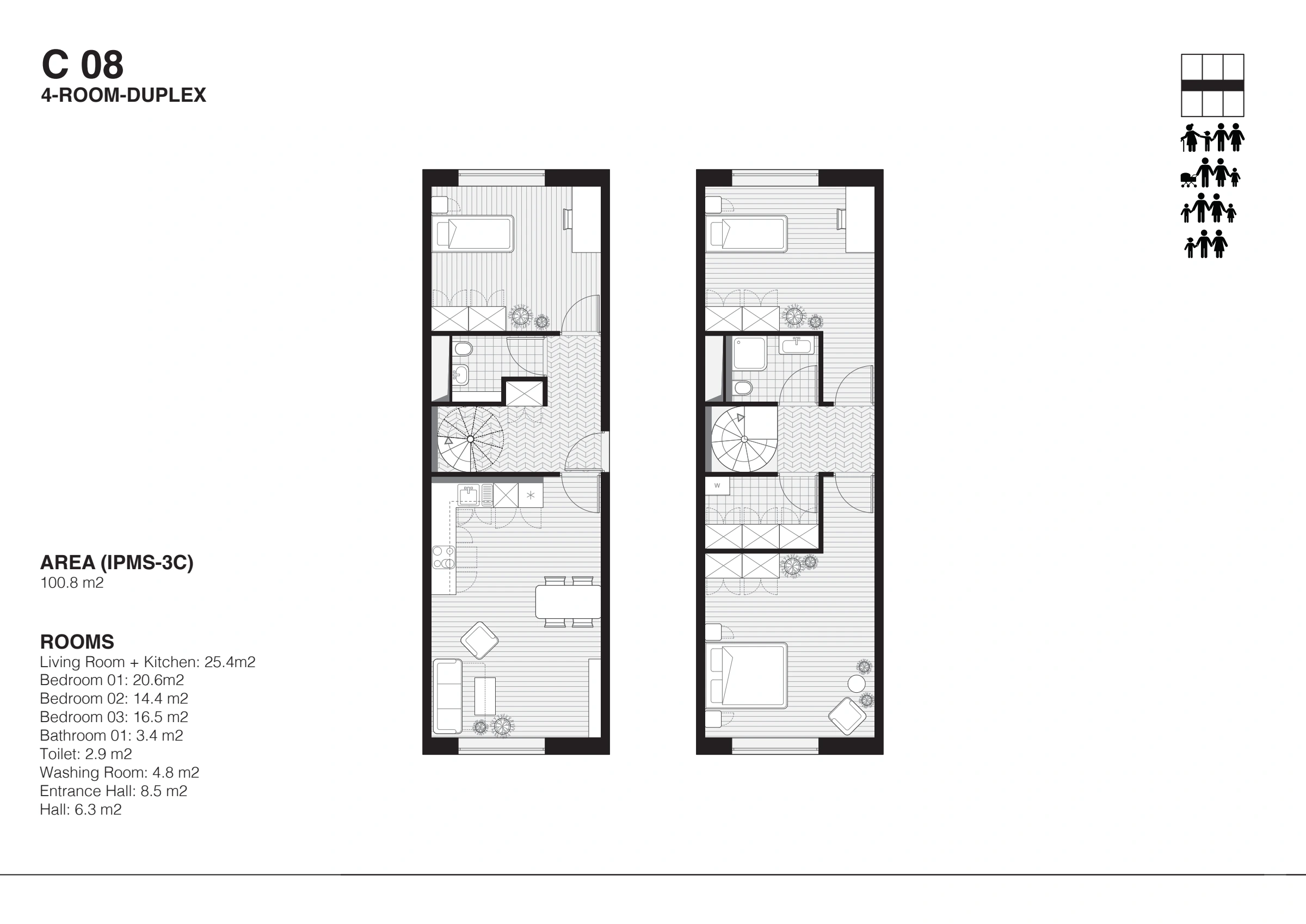 Complete C08 duplex apartment floor-plan study
