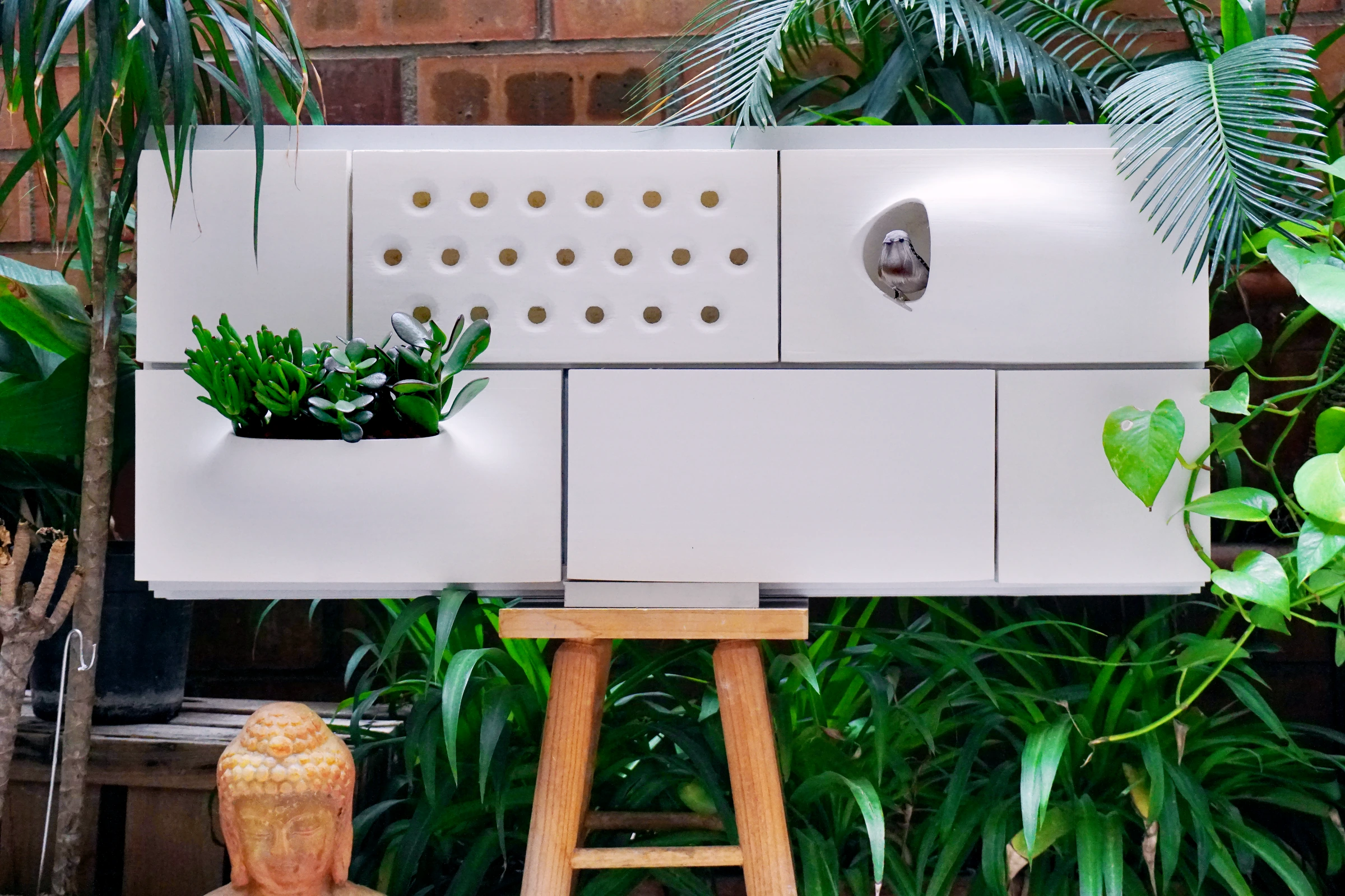 The early-stage biohabitat façade prototype — photograph from the supplied presentation.