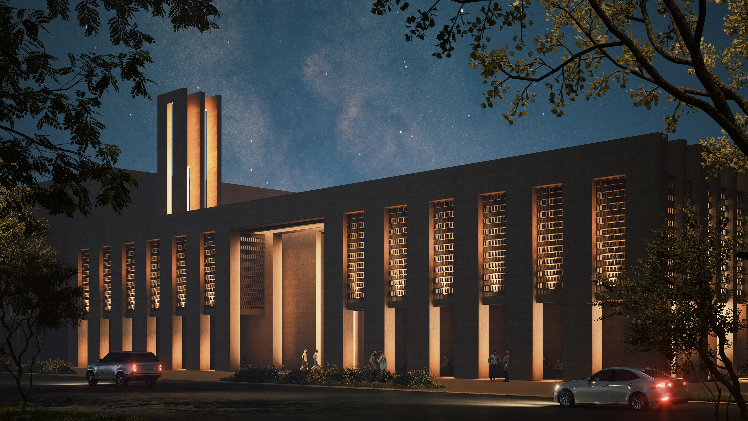 Latest night render of AWFA Mosque showing the illuminated minaret, sheltered galleries and planted approach