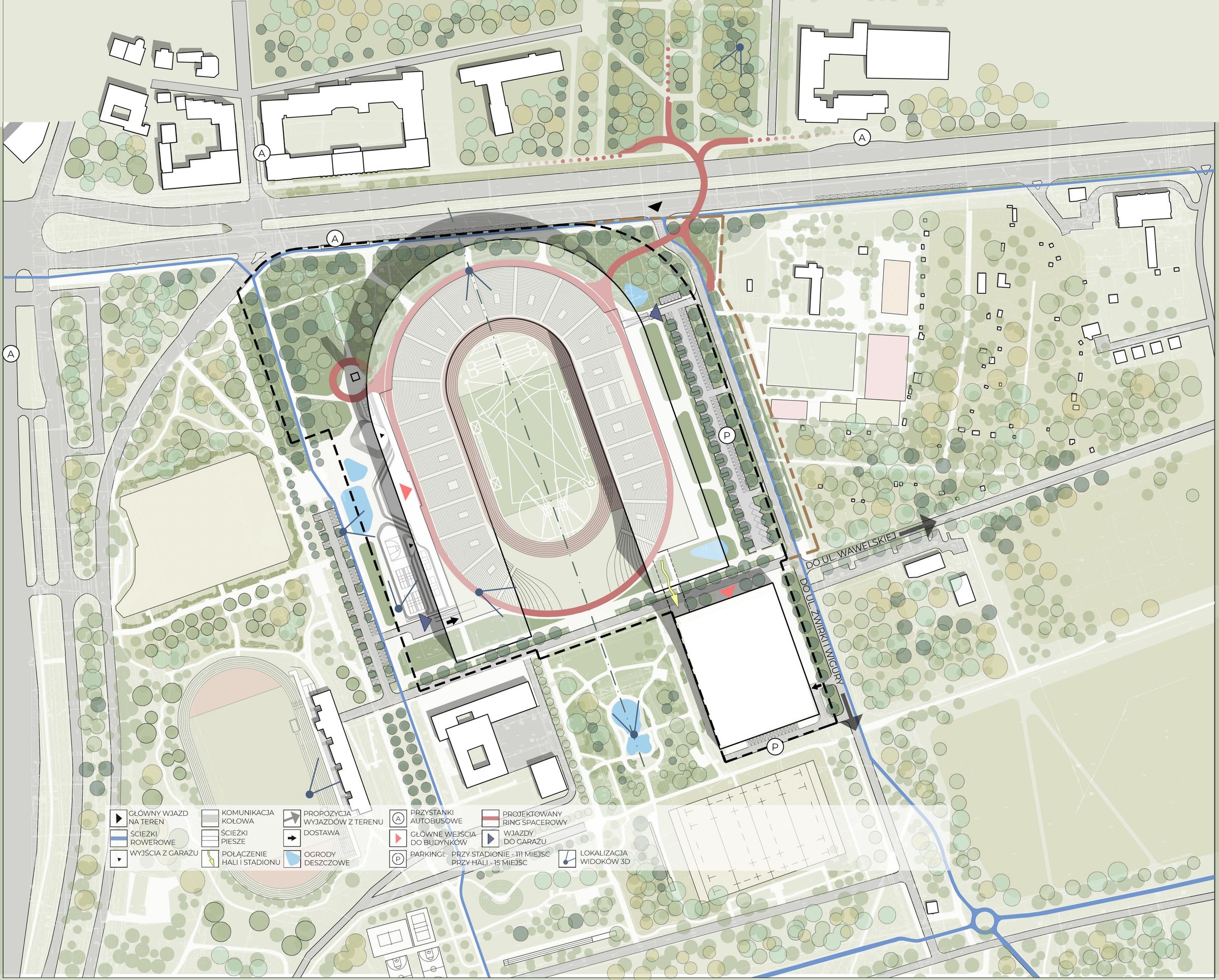 Complete SKRA site plan connecting stadium, sports hall and park, with original legend