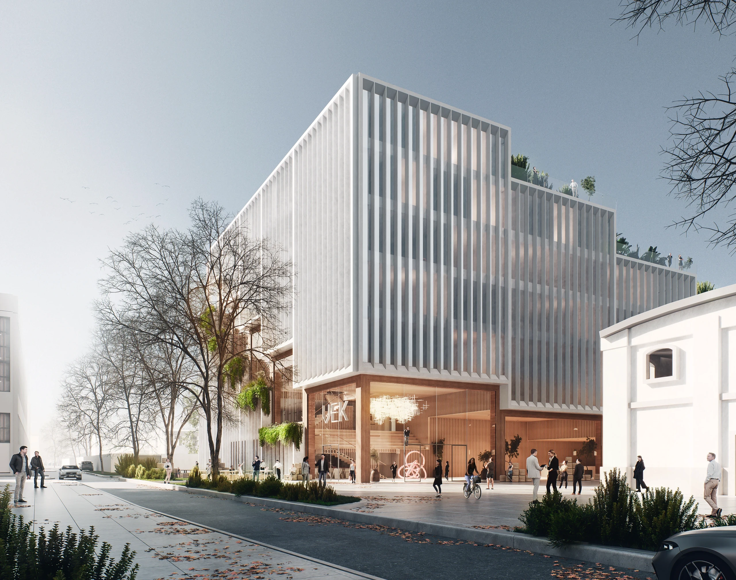 Jubilee along the campus road, with a visible entrance and glazed social spaces