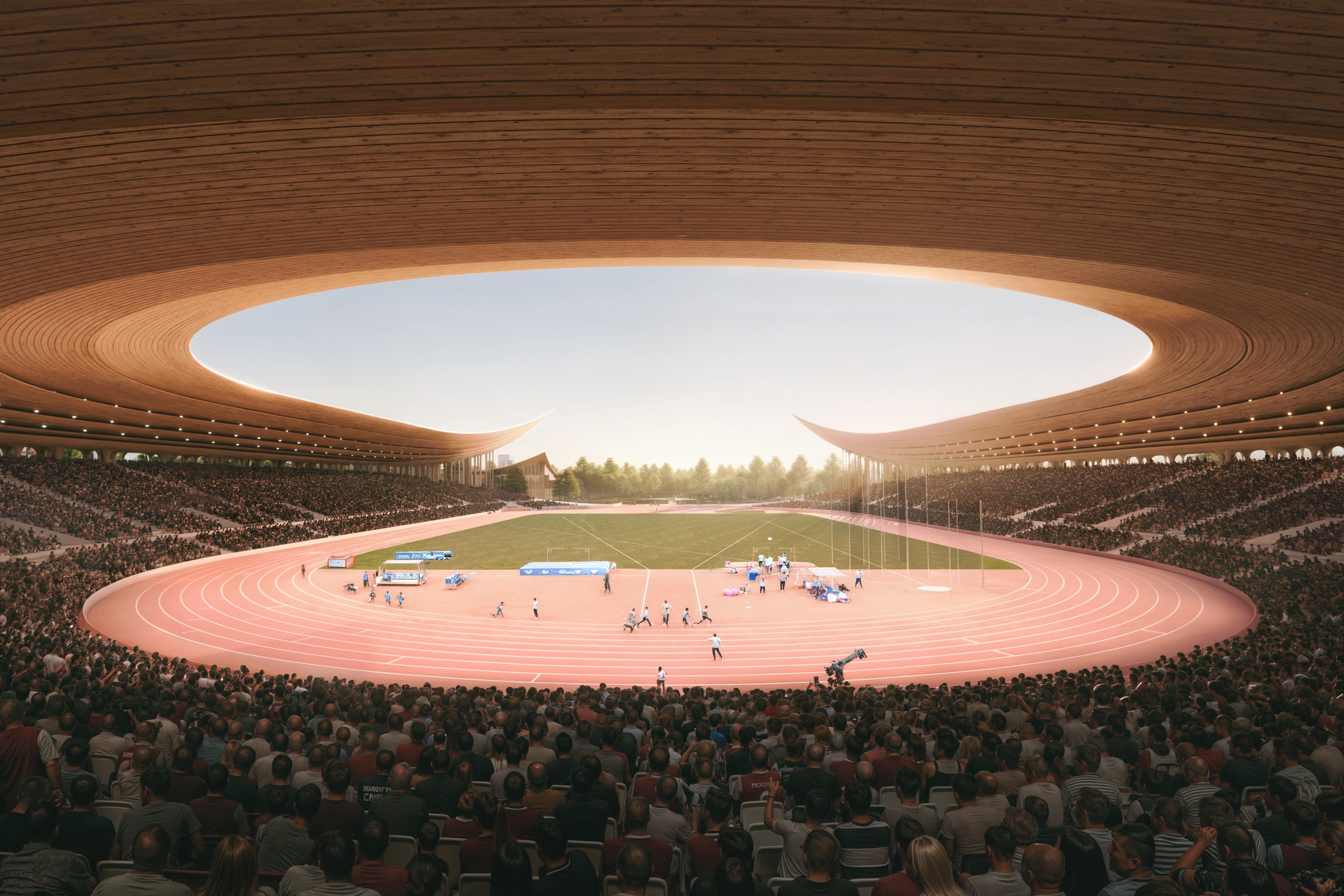 Proposed SKRA athletics track and spectator bowl beneath the lifted canopy