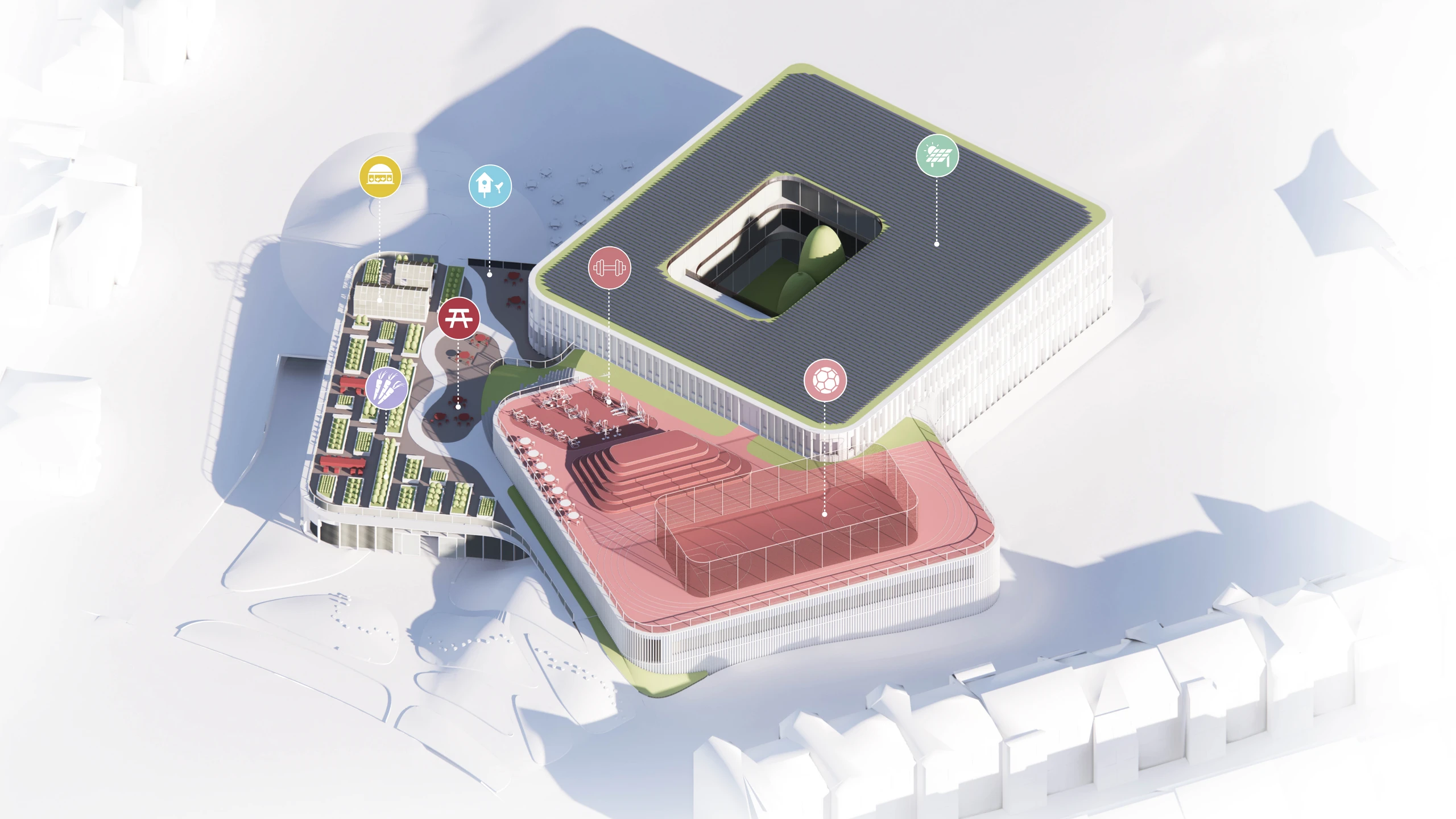 Complete axonometric of accessible school roofs with sport and community cultivation
