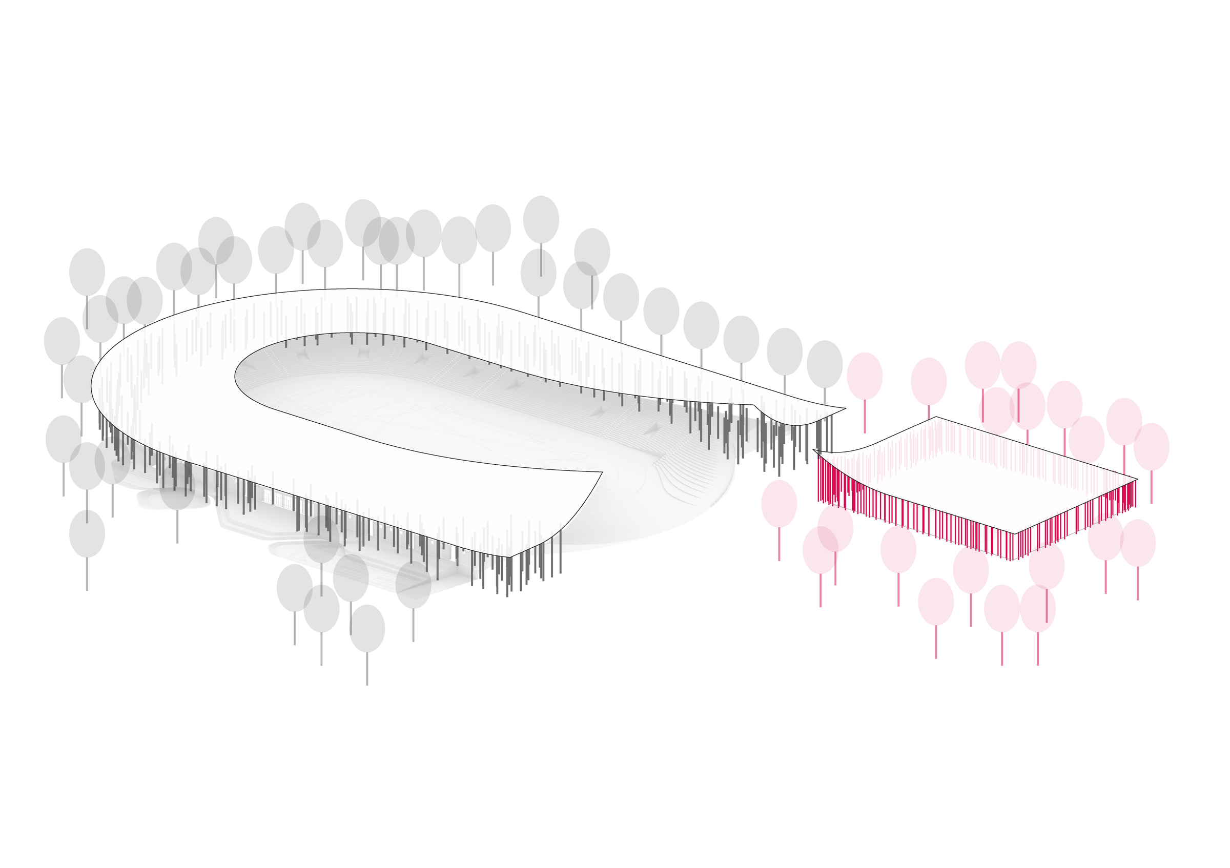 Complete SKRA concept showing the related column rhythm of stadium and hall