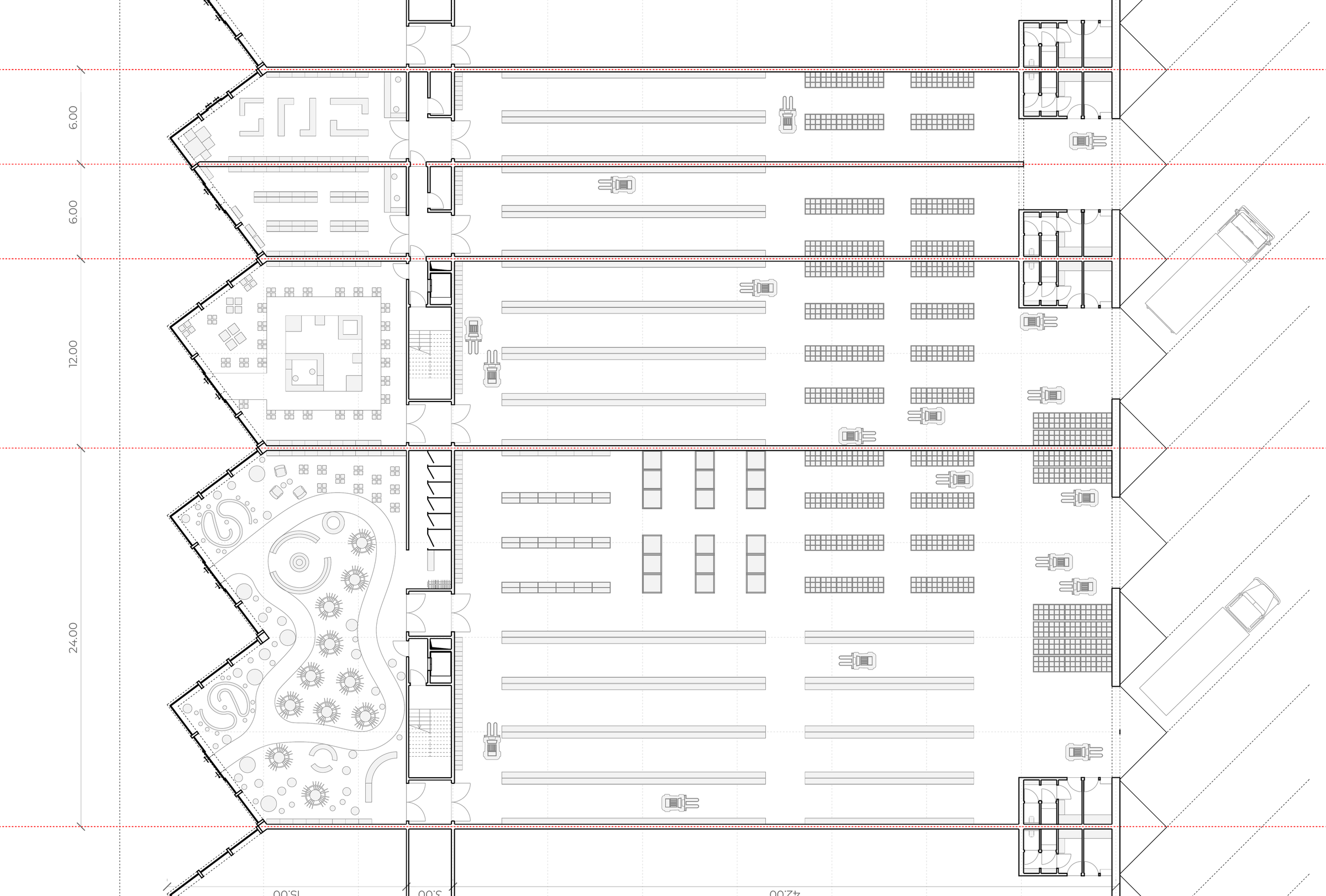Complete authored typical ground-floor panel retaining shopfronts, offices, storage and dimensioned structural bays