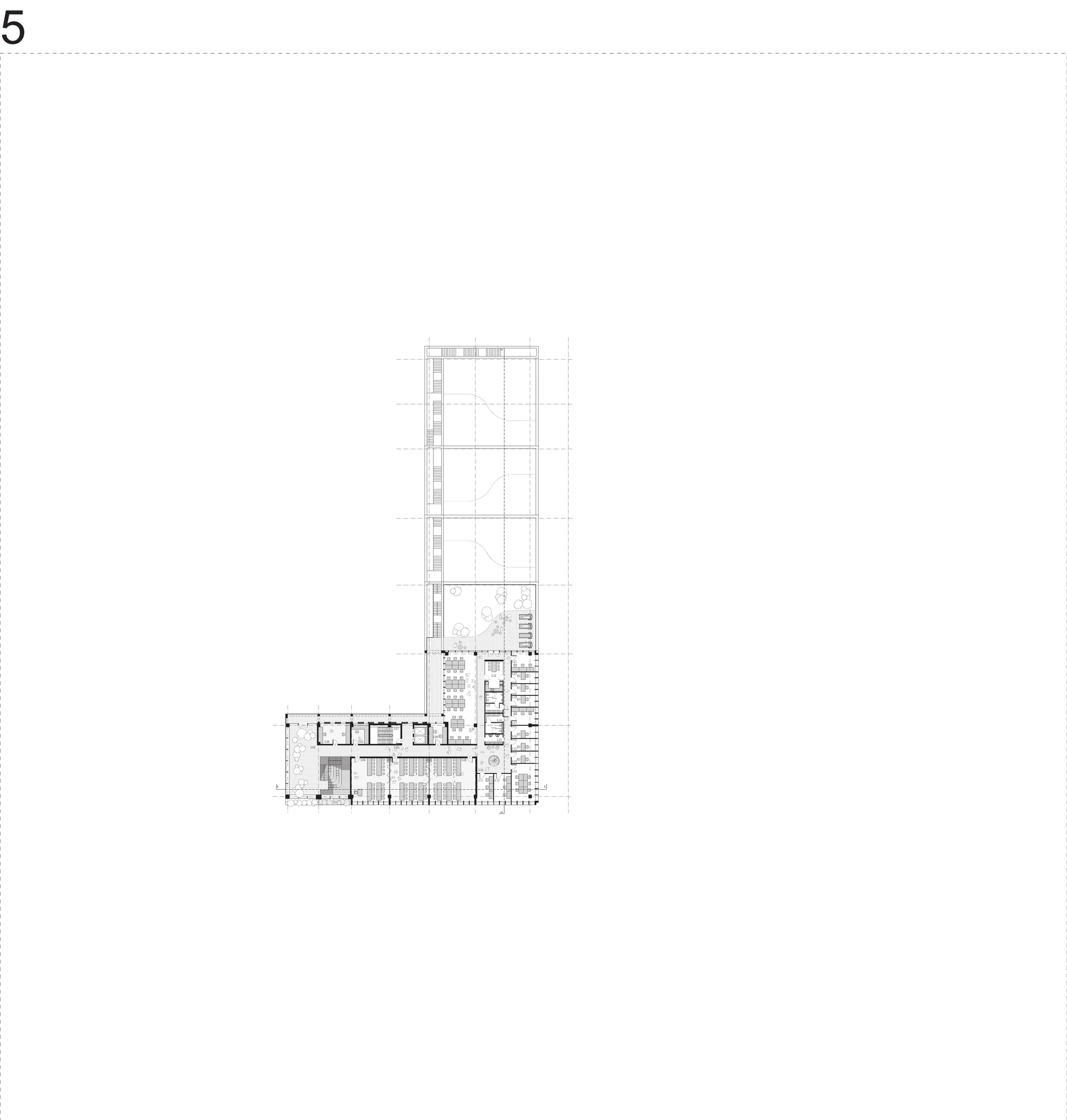 Complete level-five plan showing academic workspaces, quiet-study rooms and winter garden
