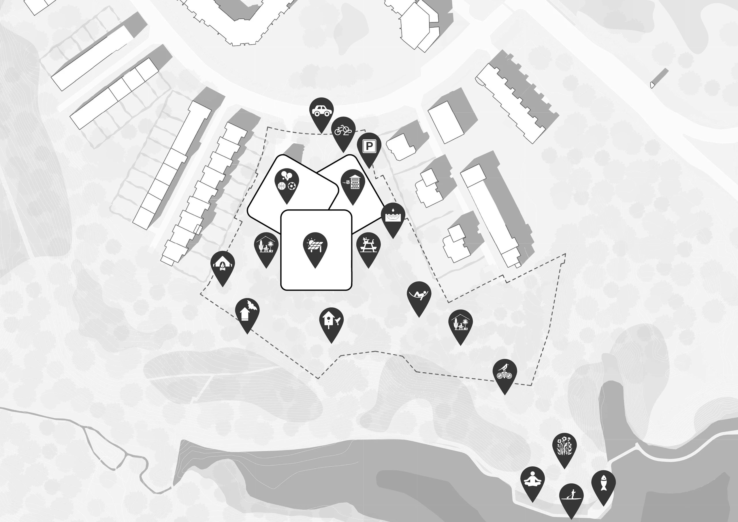 Complete Forest Nexus site-generation diagram showing outdoor activity destinations