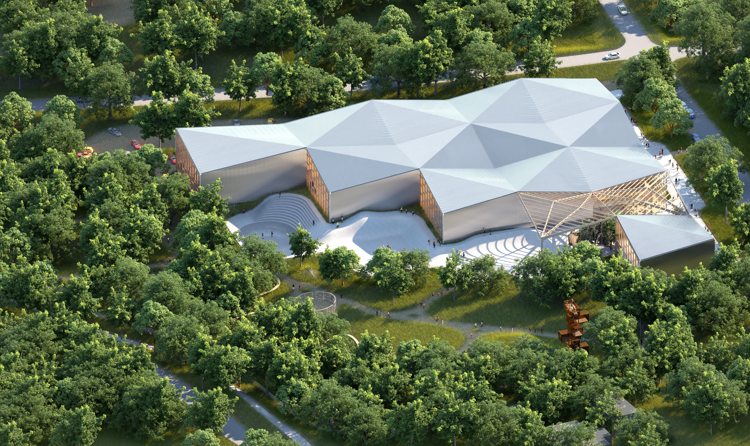 Aerial concept view of the folded-roof sports center, outdoor skating and wooded park