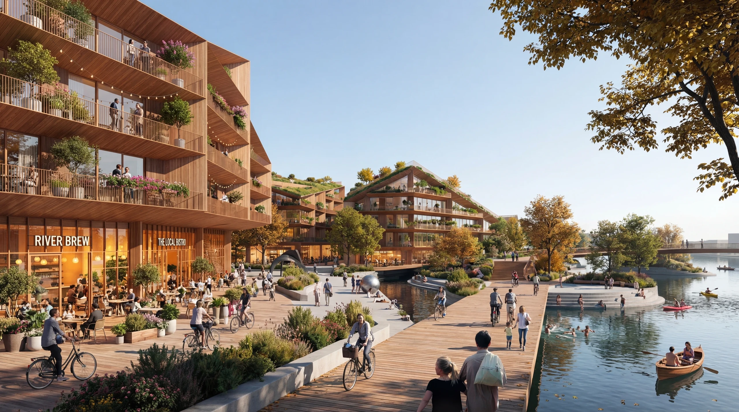 Pedestrian waterfront promenade with planted edges and mixed-use buildings