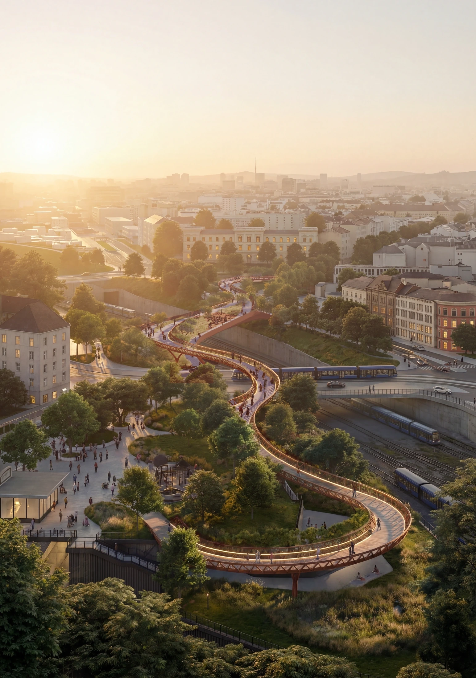 Updated design visualisation of the Meidline Bridge proposal within Vienna’s urban landscape.