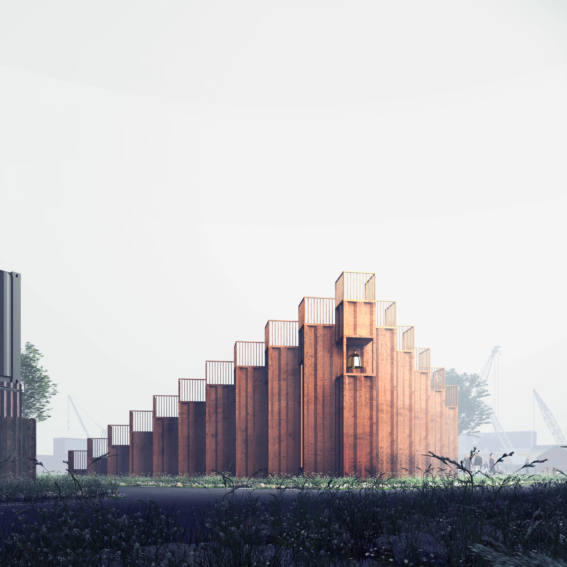 Proposed Nord Chapel rising in a stepped profile beside Nordhavn’s industrial landscape