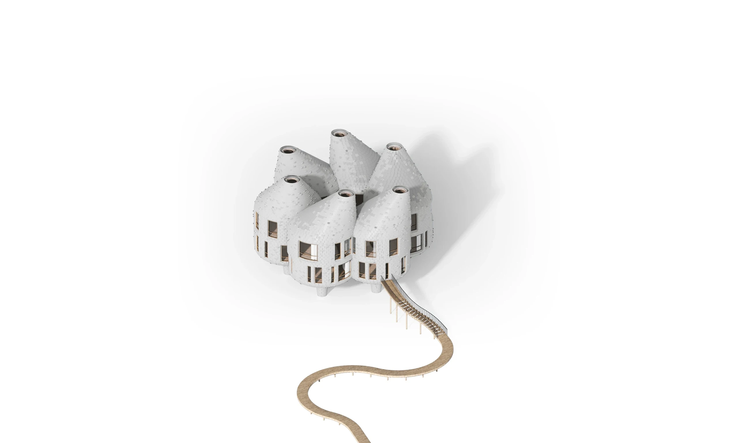 The dwelling and its elevated approach — complete architectural axonometric.
