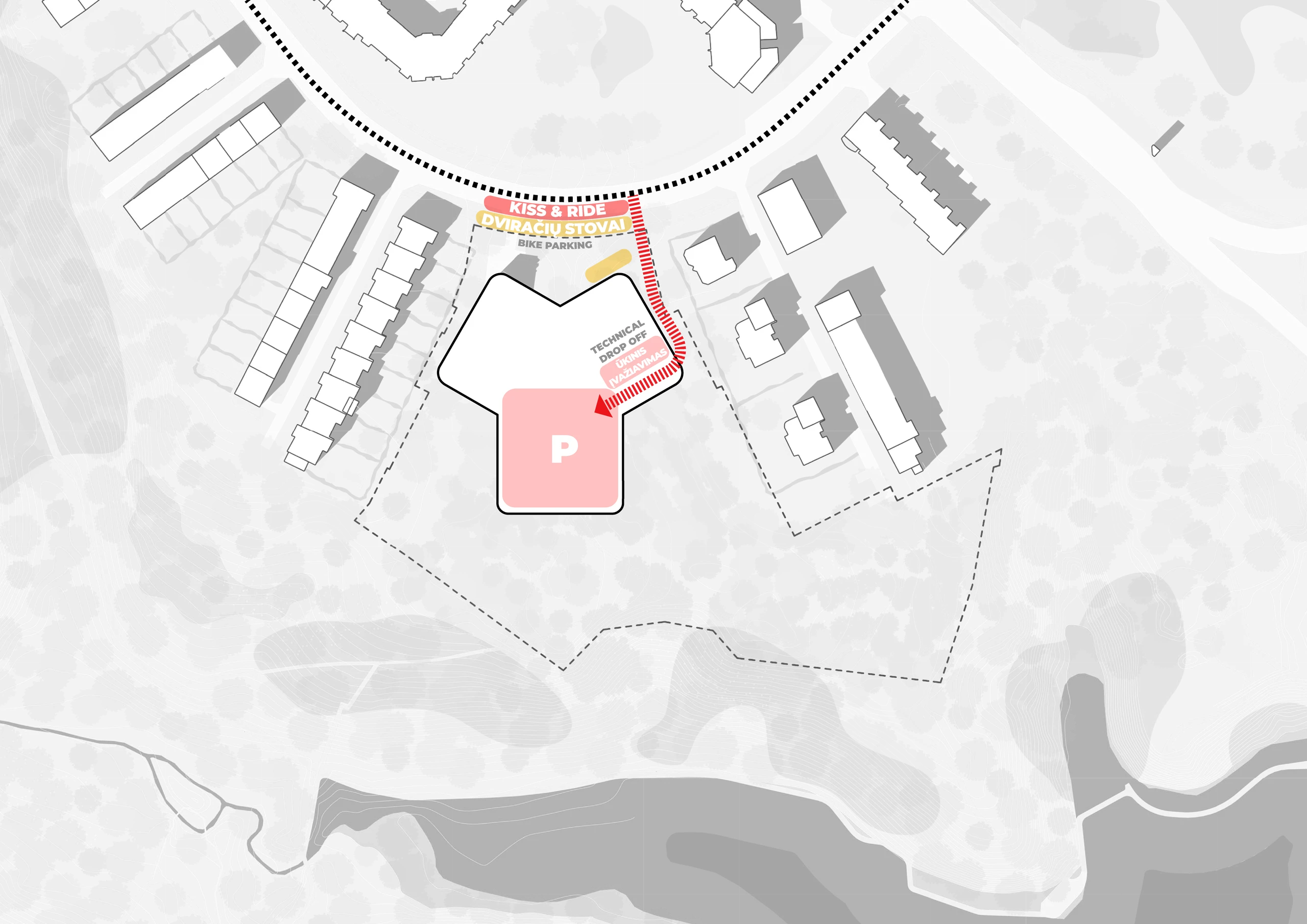 Complete Forest Nexus site-generation diagram showing car and bicycle parking arrangements
