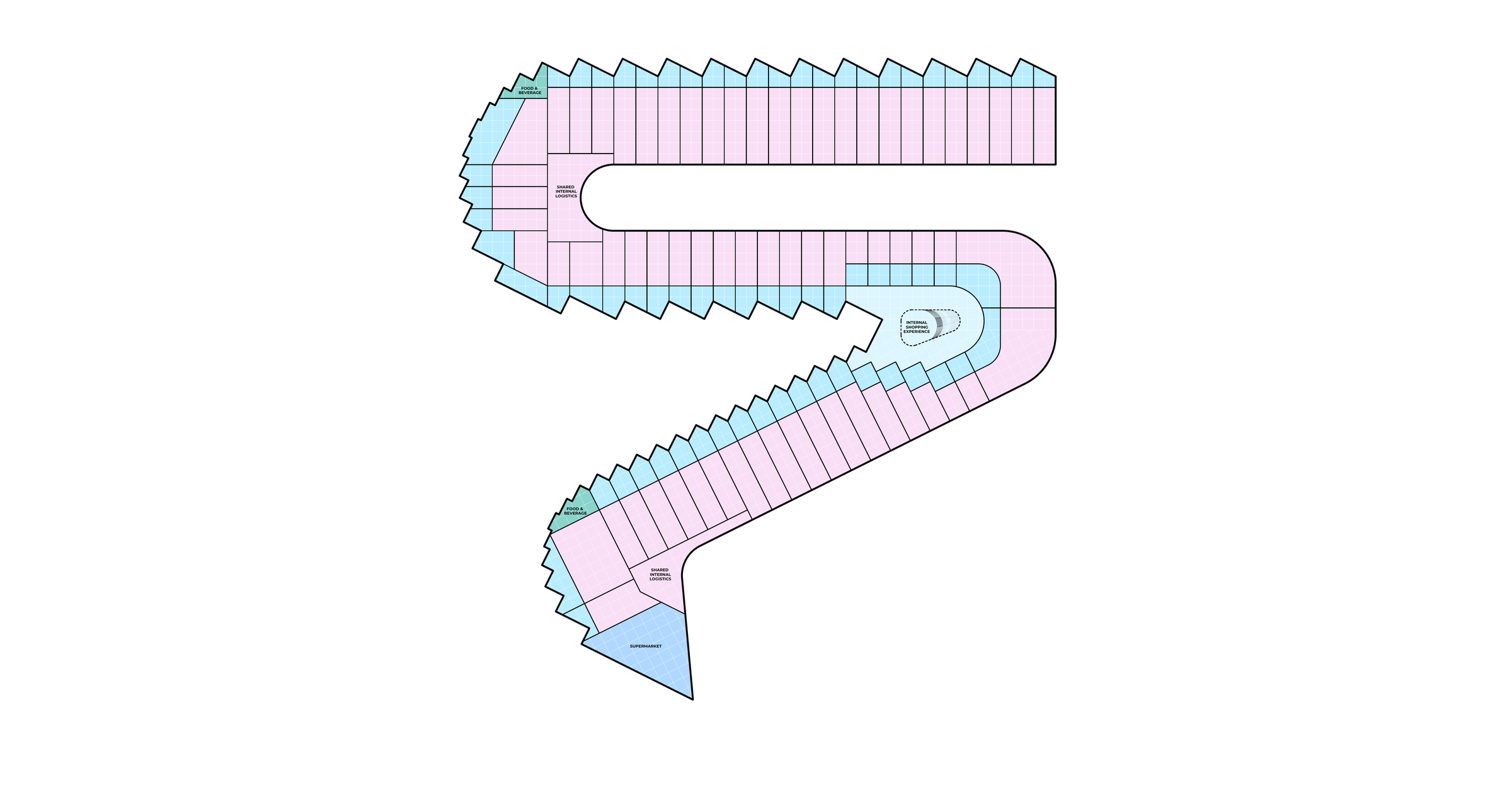 Source ground-floor programme drawing distinguishing retail and storage along the serpentine form