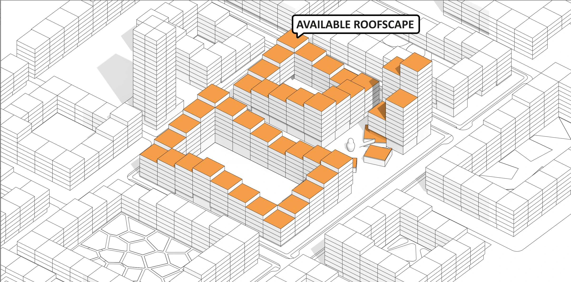 Axonometric diagram highlighting usable roof terraces