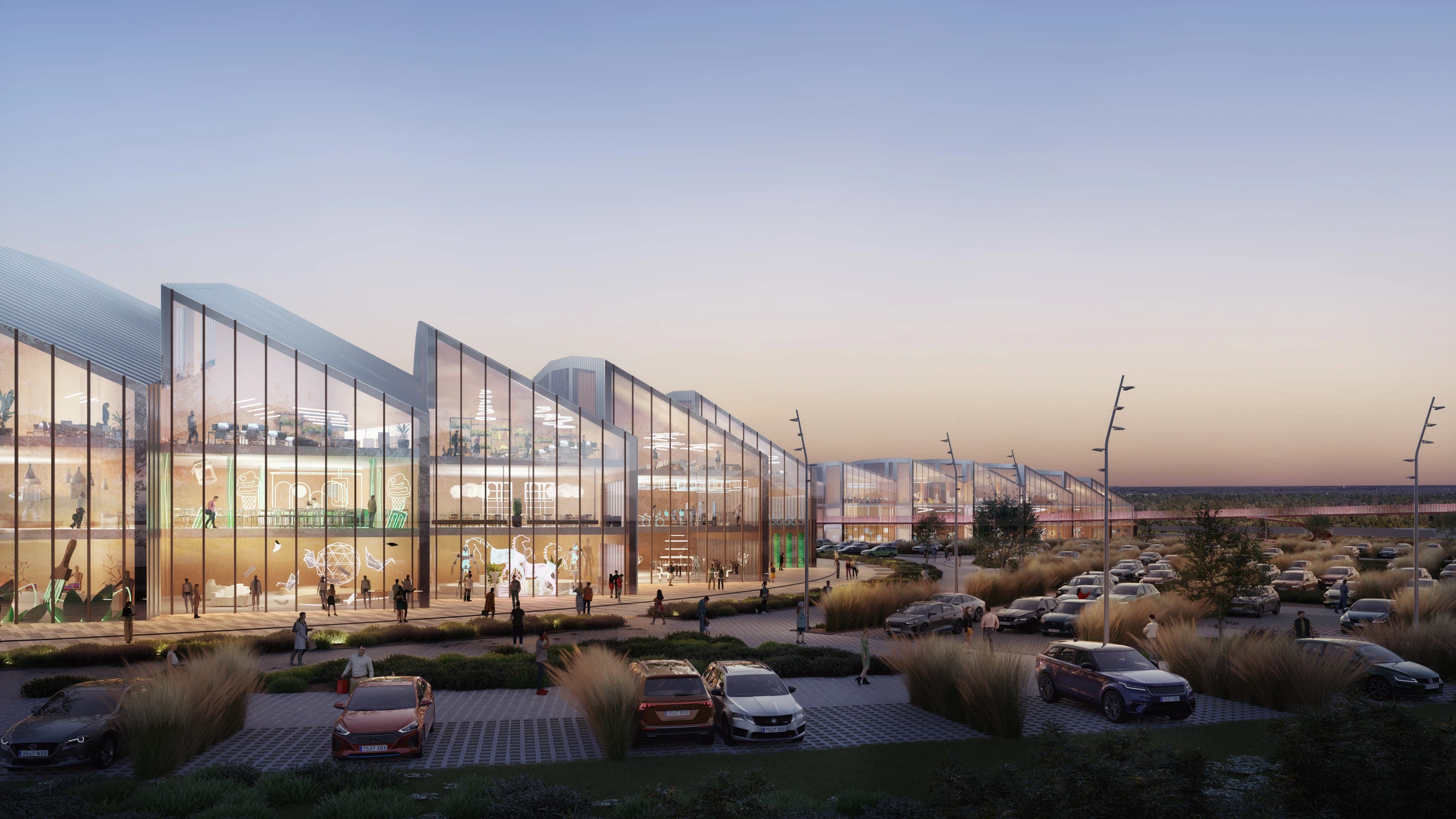 Concept render of glazed retail fronts, repeated pitched roofs and landscaped arrival parking