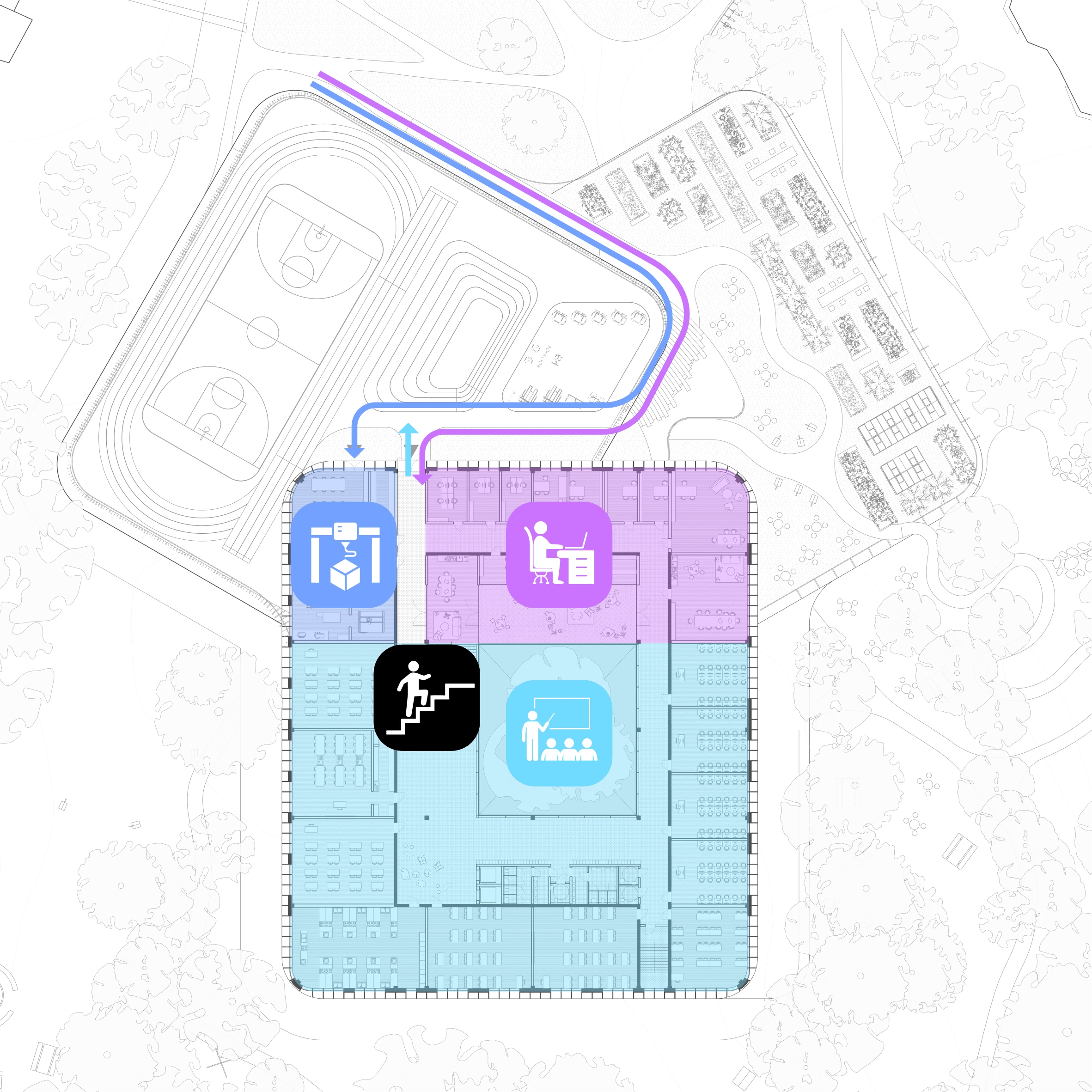 Complete floor 02 access and programme diagram for the Forest Nexus, retaining coloured routes and activity symbols