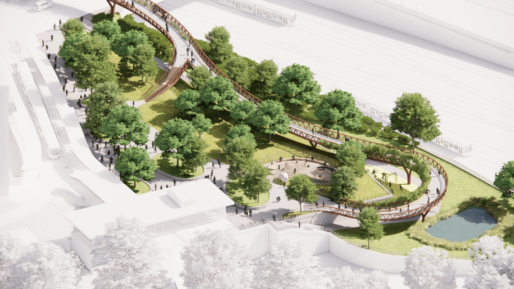 Axonometric study of a park landing and its looping pedestrian approach.