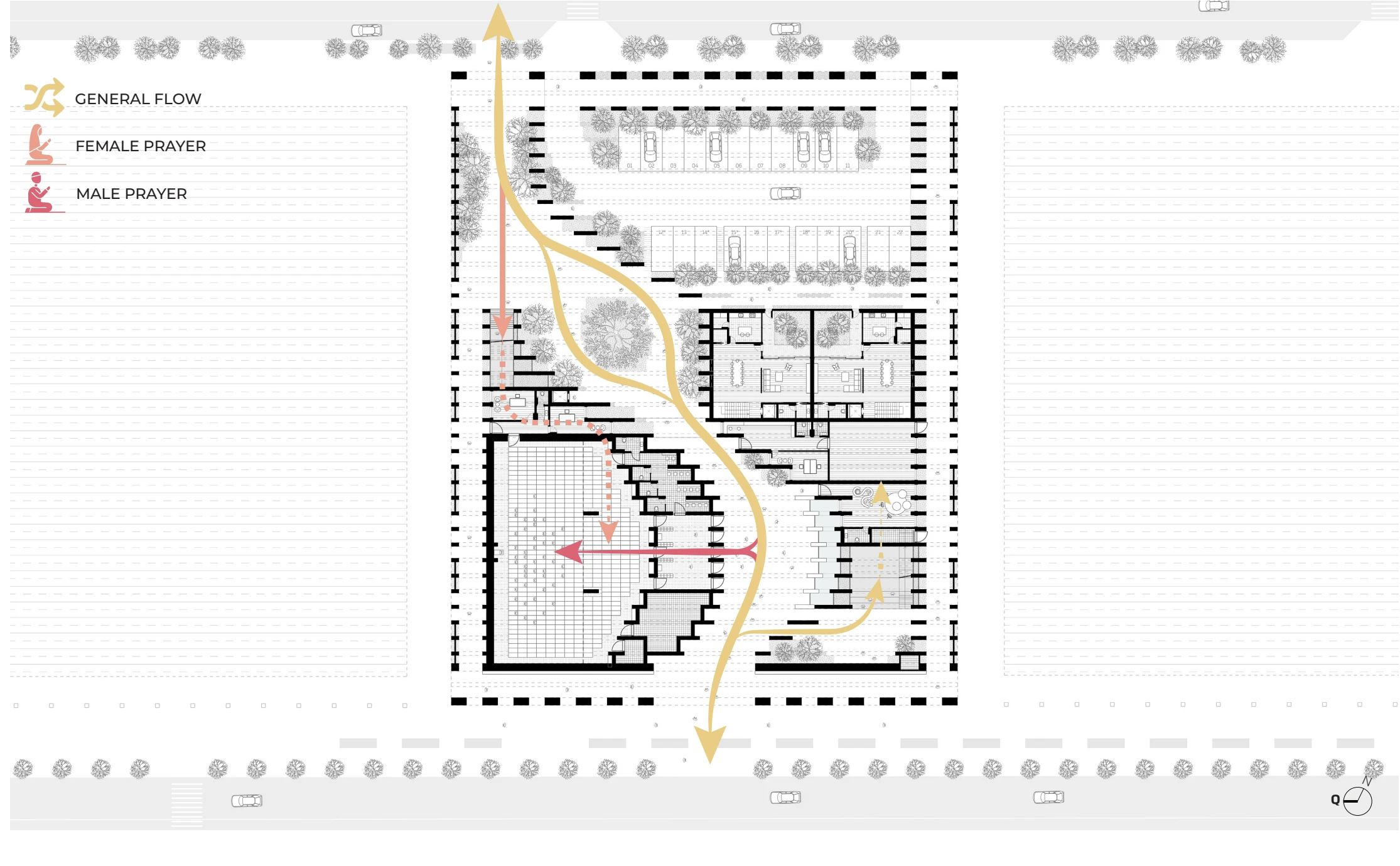 Complete AWFA plan strategy with general, female and male prayer routes, north arrow and legend