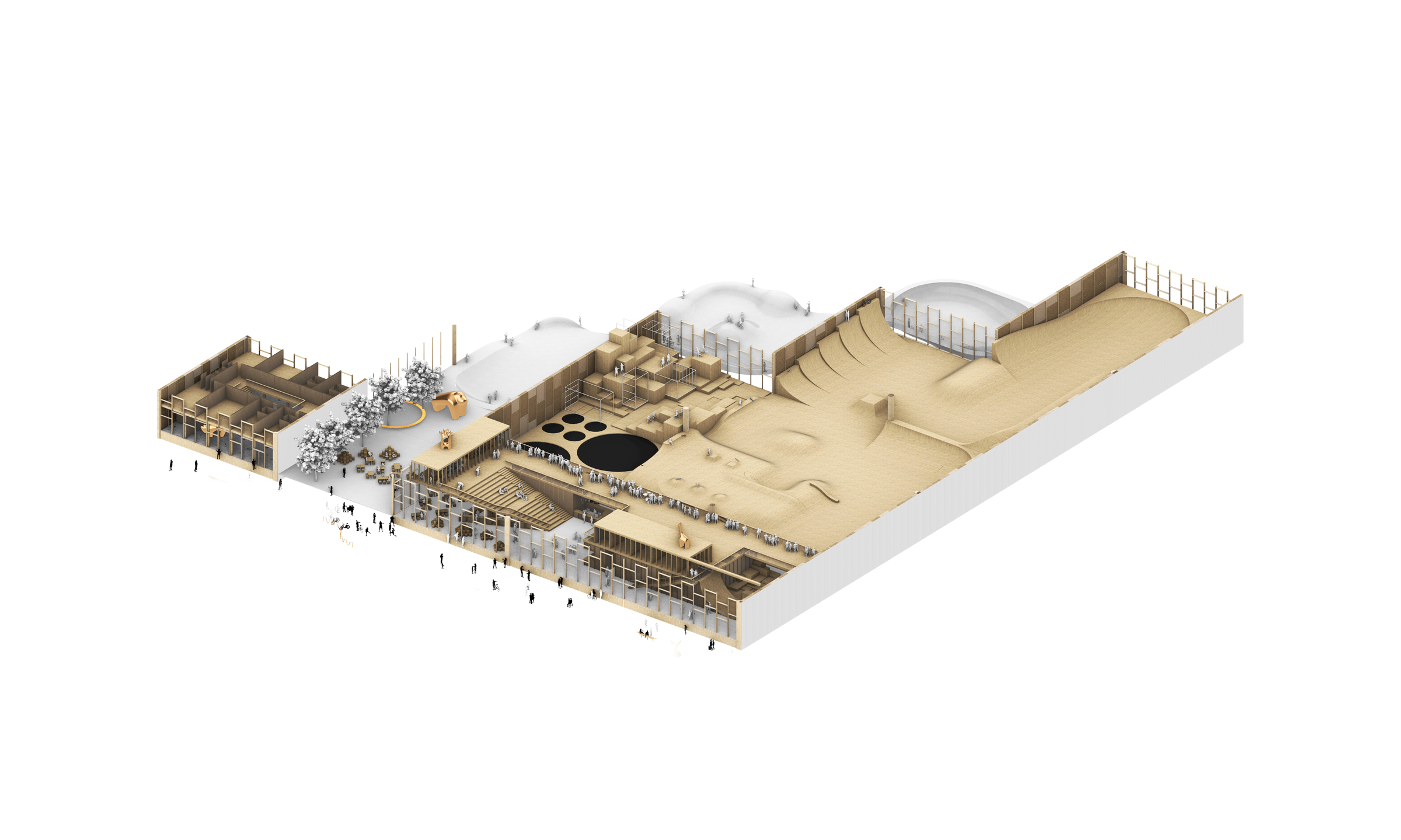 Complete cutaway axonometric of the proposed skate, parkour and training spaces
