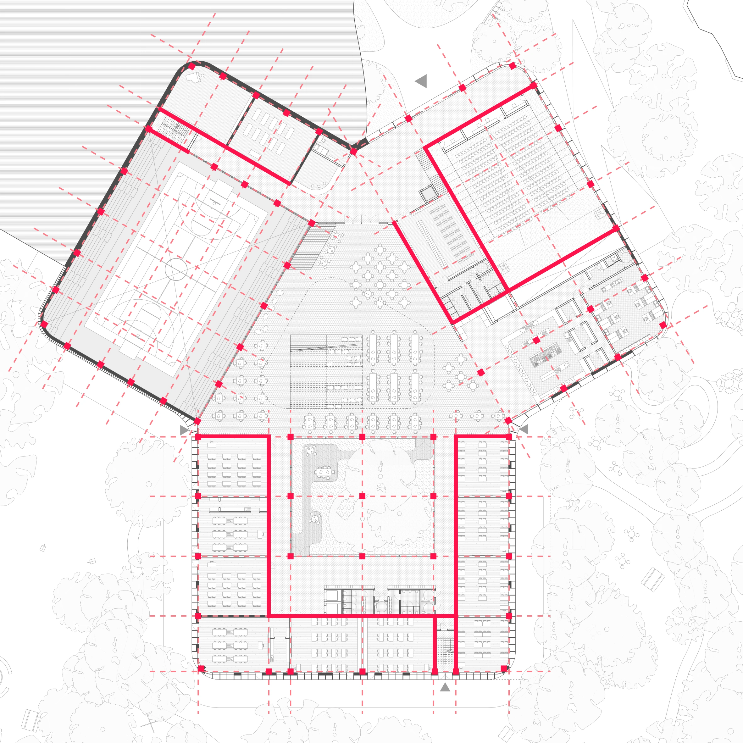 Complete ground floor structural grid overlay for the Forest Nexus, retaining source linework