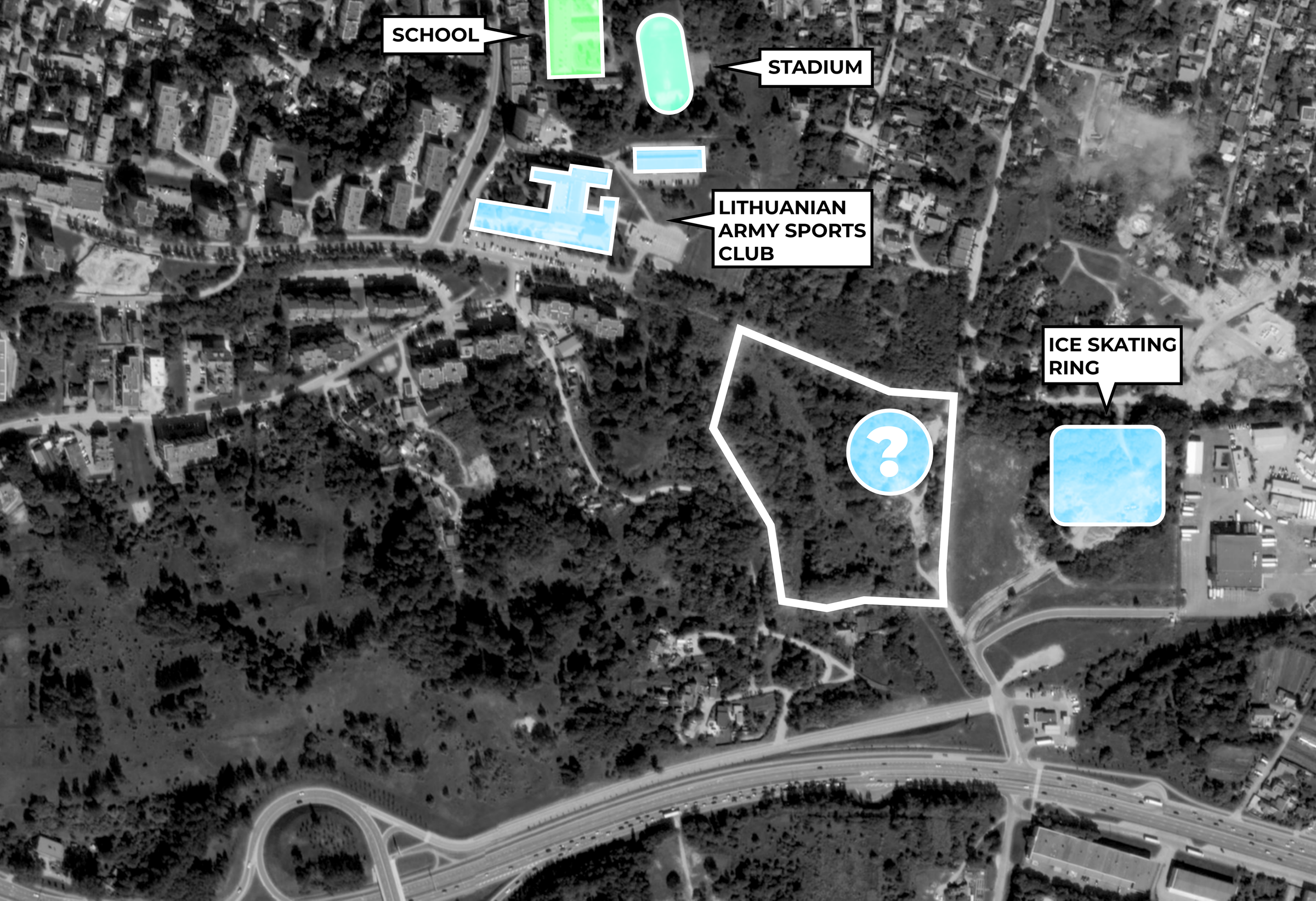 Complete source map identifying neighbouring sports facilities and school, retaining source uncertainty