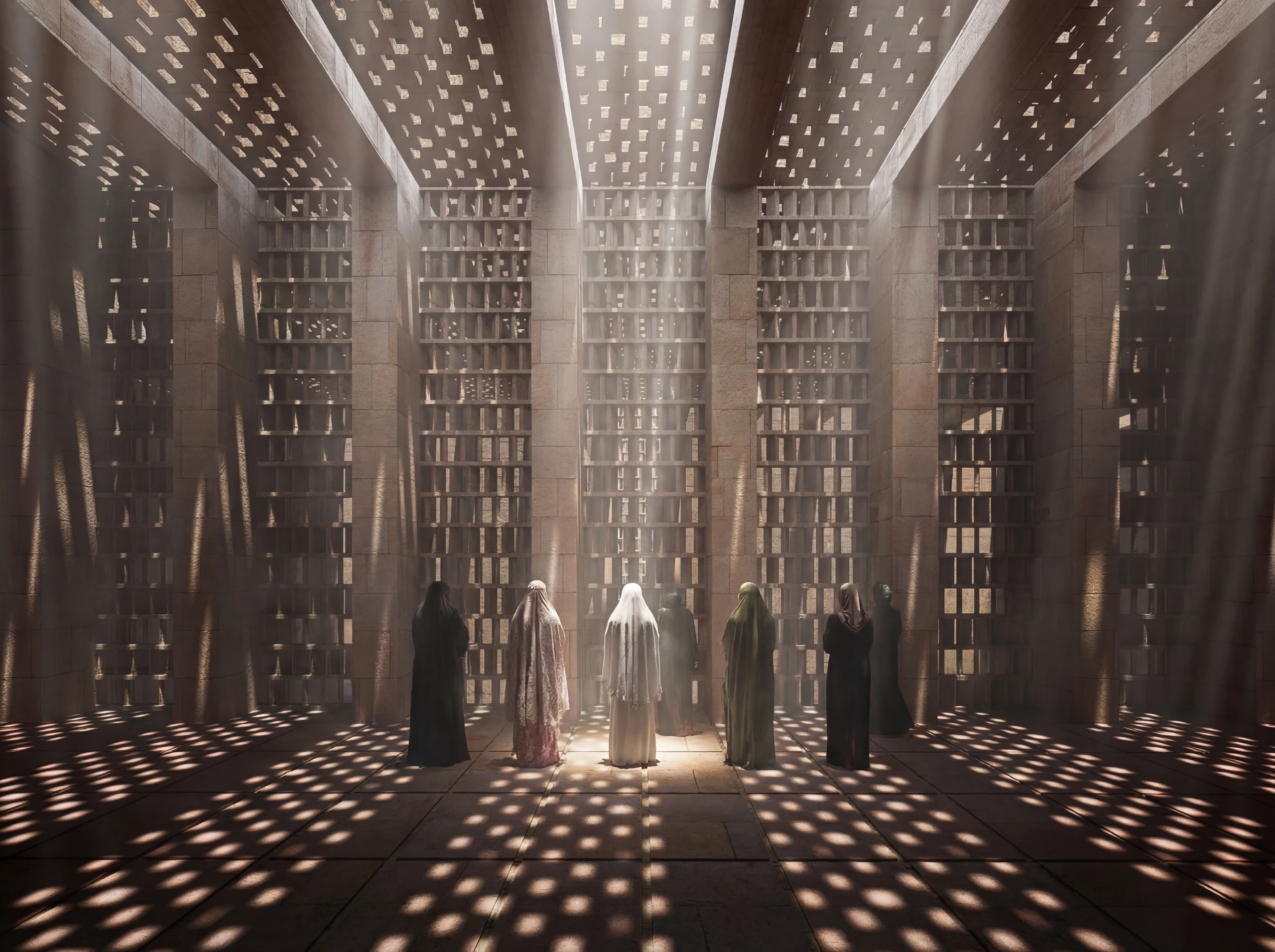 Latest render of the women's prayer space showing timber screening towards the main hall