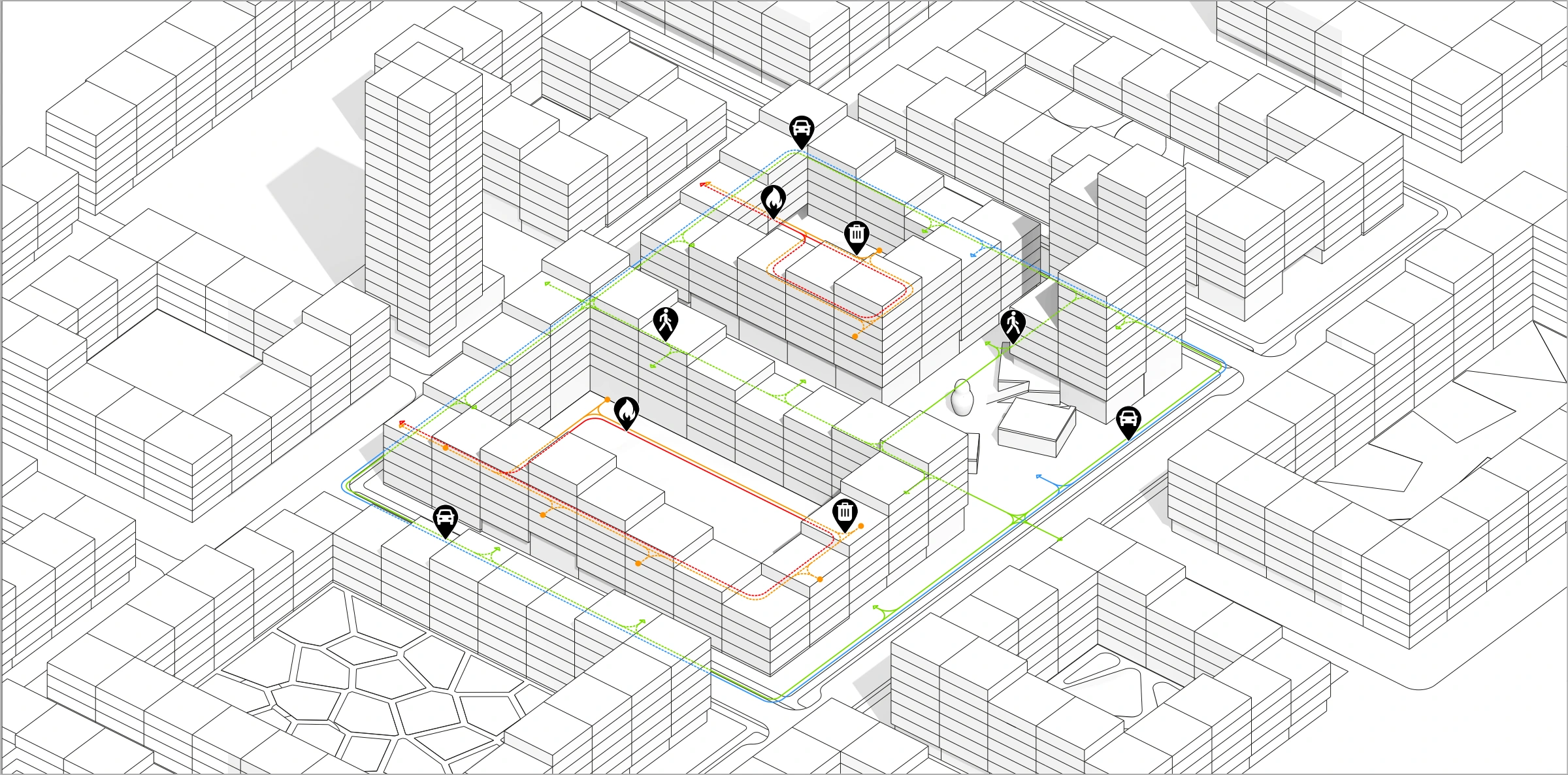 Axonometric synthesis of adaptable urban-block programmes and access within Superframe