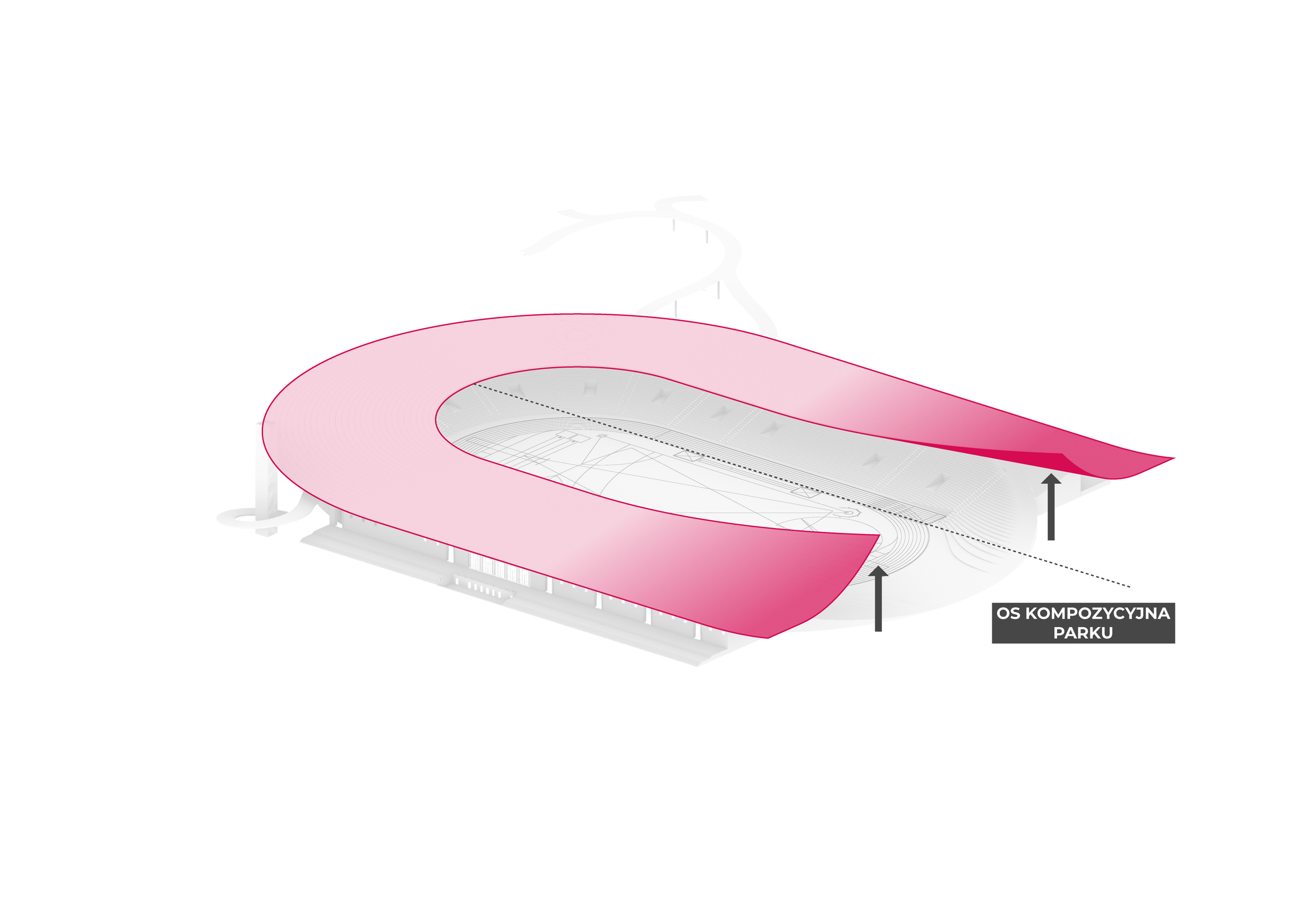 Complete SKRA concept diagram showing lifted roof corners and the park axis